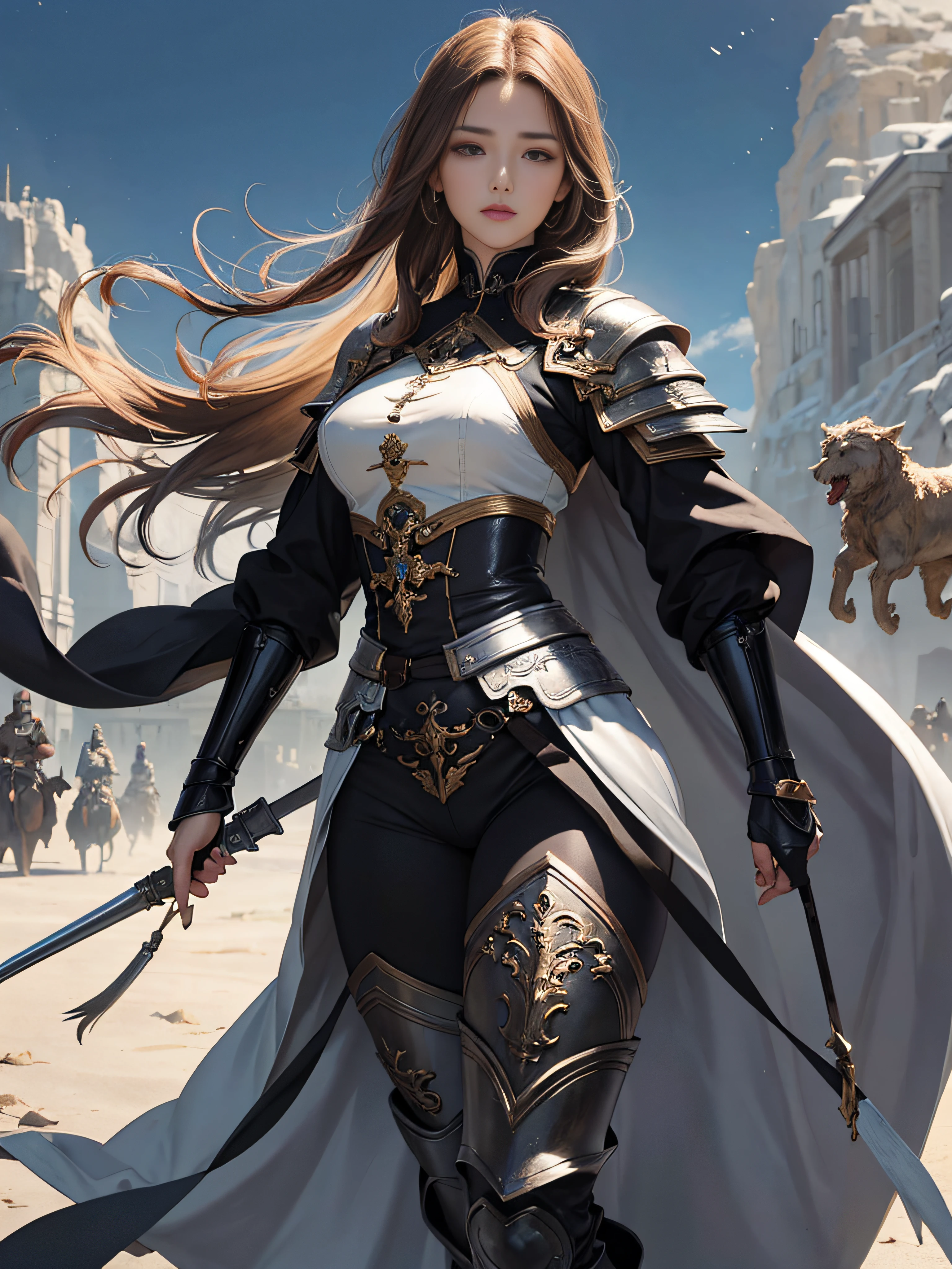 tmasterpiece,A high resolution,Absolutely beautiful,a mature female,Fine and detailed eyes and detailed face,Tall and tall,short detailed hair,She wears armor,Full coverage armor,Armor pants,Armor boots,Show the armor look、Shogun, allure:(Tall:1.4),haughty,Mature temperament,(Wide buttock:1.4),(Thick thighs:1.4),Majesty,Rich scene detail,In the midst of the war,are standing,action