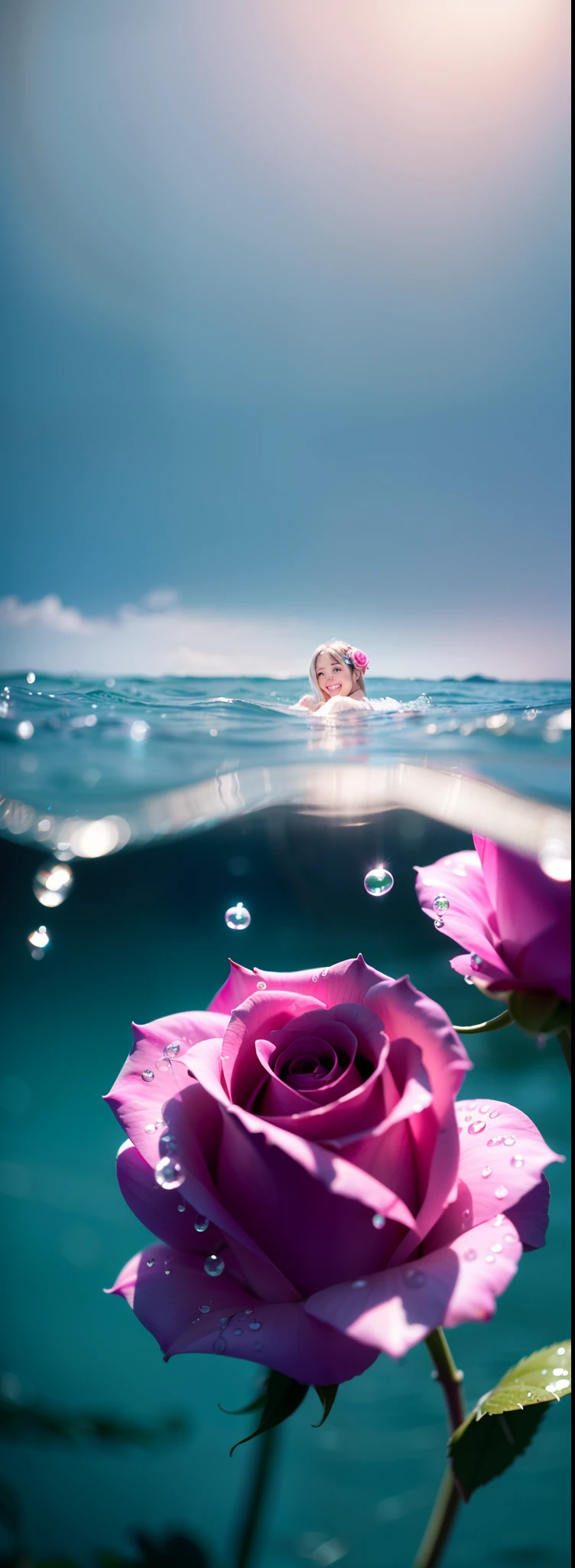 facing away from the audience,Silver-haired woman with double ponytail,watery big eyes,Pink hair accessories,Enchanted smile,Get out of the water,Detailed depiction of water droplets on the body,The delicate rose pattern tattoo on the back comes to life,There is fog on the surface of the water,Blur lighting effects,Close-up shot,Best quality photos,16K High Resolution。