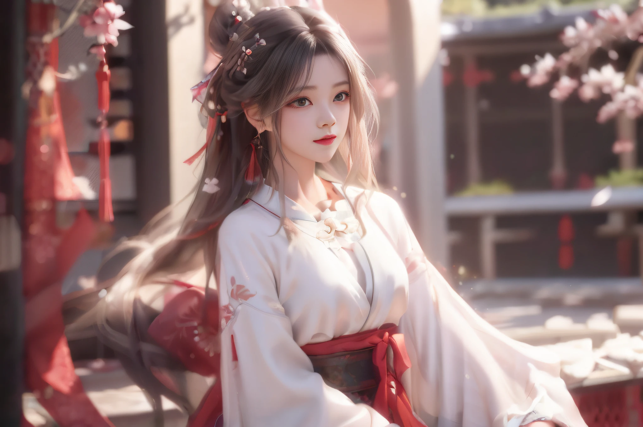 (Best quality,4K,A high resolution,Masterpiece:1.2), Ultra-detailed, Realistic, Black and white hanfu with black embroidery, Elegant white ponytail, long and flowing hair, White mask, A mask fluttering in the wind, Fringed Hair Ornament, Peony flower, Ancient style, oversized sleeves, Dynamic posing, Dramatic composition, Falling petals, red waistband, intricate background, Ancient architecture, A thin mist and thick clouds, Swirling clouds, Cinematic lighting, Complex feather background.