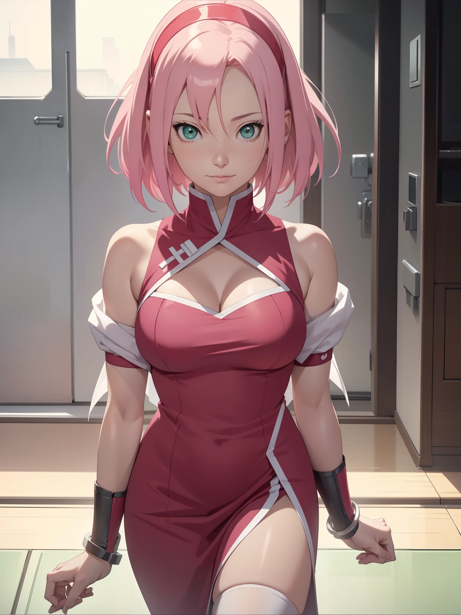 ((Masterpiece: 1.2)), ((high quality)), ((detail)), 1girl, solo, perfect face, pefect body, perfect anatomy, pretty girl, cute girl, sakura haruno, short hair, green eyes, pink hair color, red Qipao, long dress, long dress slit, bare bottom, no panty, hanging up ass, pussy visible from behind, black stockings, high sock knee, black sock, realistic, reality, high quality image, ultra detail, 8k