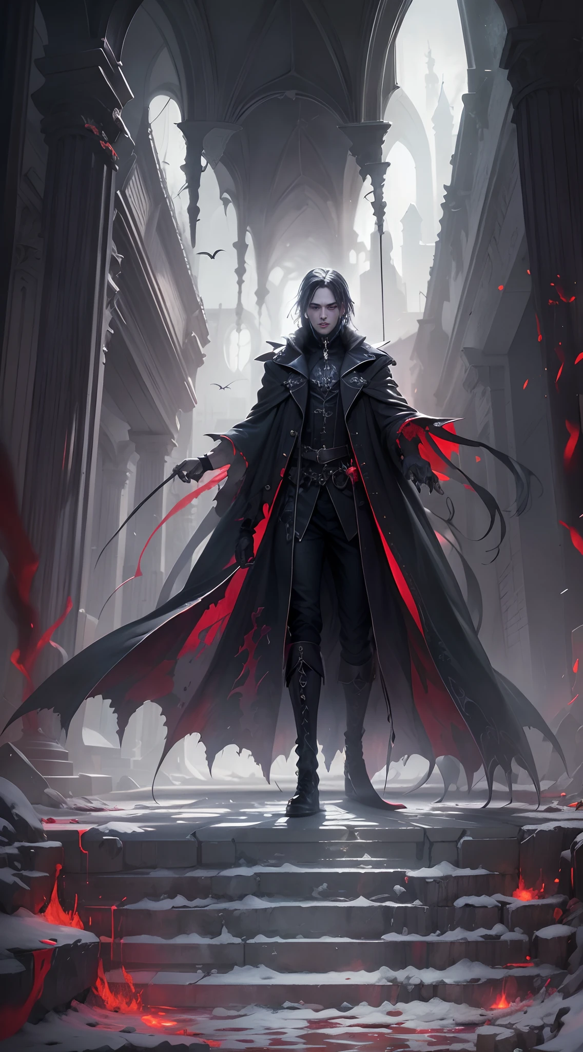 darkly, unholy,Creepy olpntng style,mistic,full body shot of,Vampires wear long black coats,Red eyes are his most striking feature,There seemed to be an evil aura hidden in his smile,His skin was as pale as snow,It shows a mysterious and majestic atmosphere。fantasy concept art, 8K分辨率, gothic deviantart masterpiece, The strokes are heavy, paint drips, darkly, Unholy, unholy, starlights, spine-chilling,