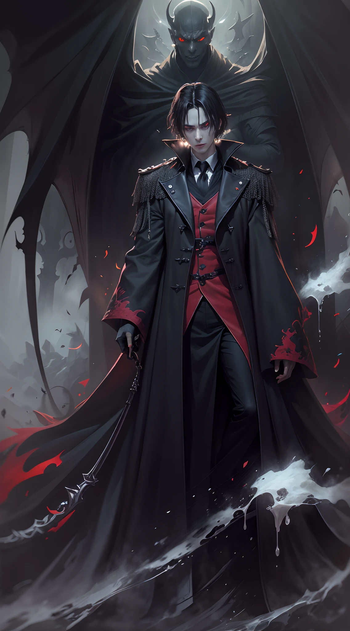 darkly， unholy，Creepy olpntng style，mistic，full body shot of，Vampires wear long black coats，Red eyes are his most striking feature，There seemed to be an evil aura hidden in his smile，His skin was as pale as snow，It shows a mysterious and majestic atmosphere。fantasy concept art， 8K分辨率， gothic deviantart masterpiece， The strokes are heavy， paint drips， darkly， Unholy， unholy， starlights， spine-chilling，