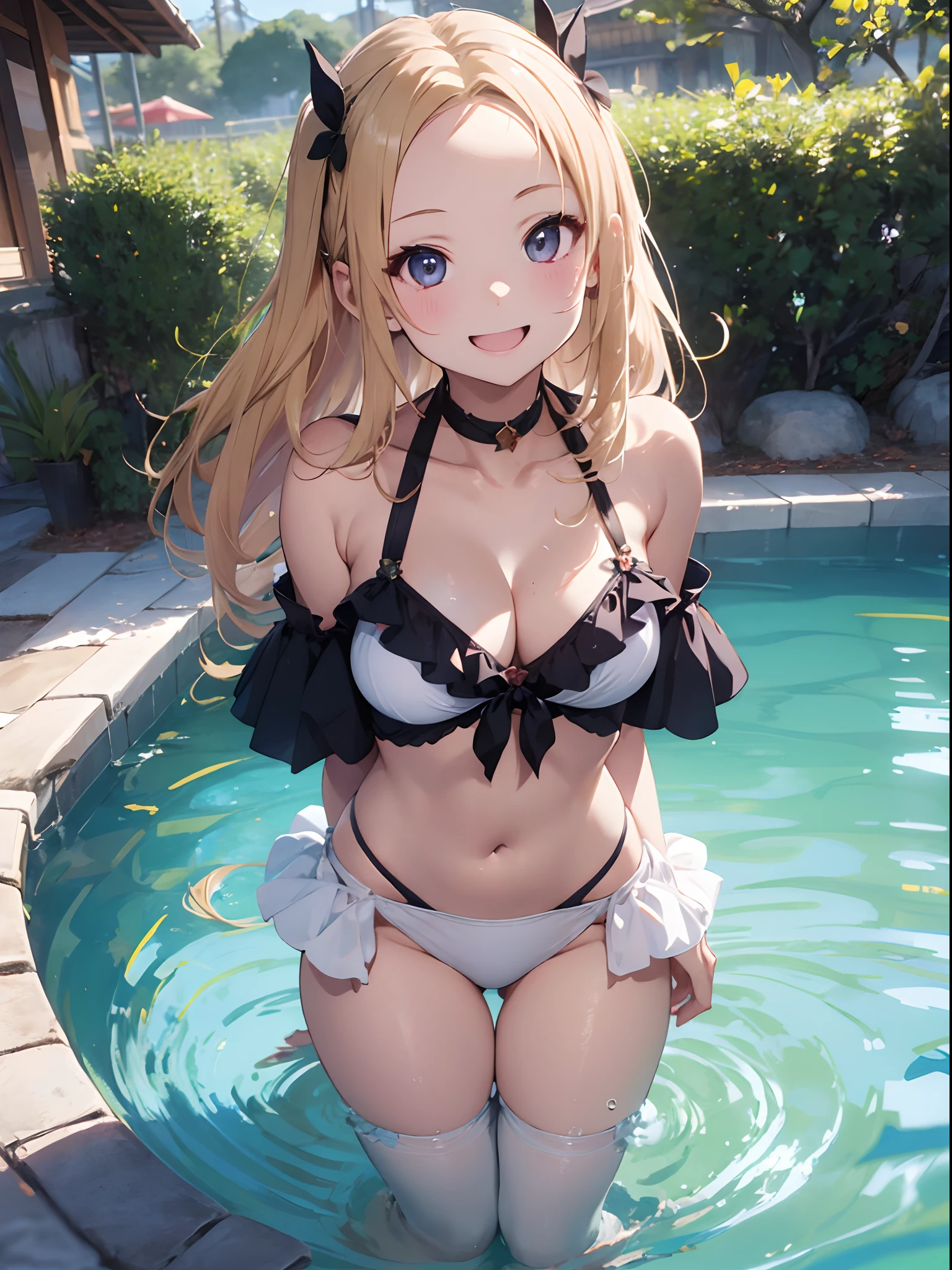top-quality、masutepiece、8K、Pastel tones、girl with、a blond、(Bring out your forehead:1.2)、(Side tail)、Very long hair、Resort Pool、White bikini with lots of small ruffles、dynamic motion、dynamic ungle、Outstanding smile
