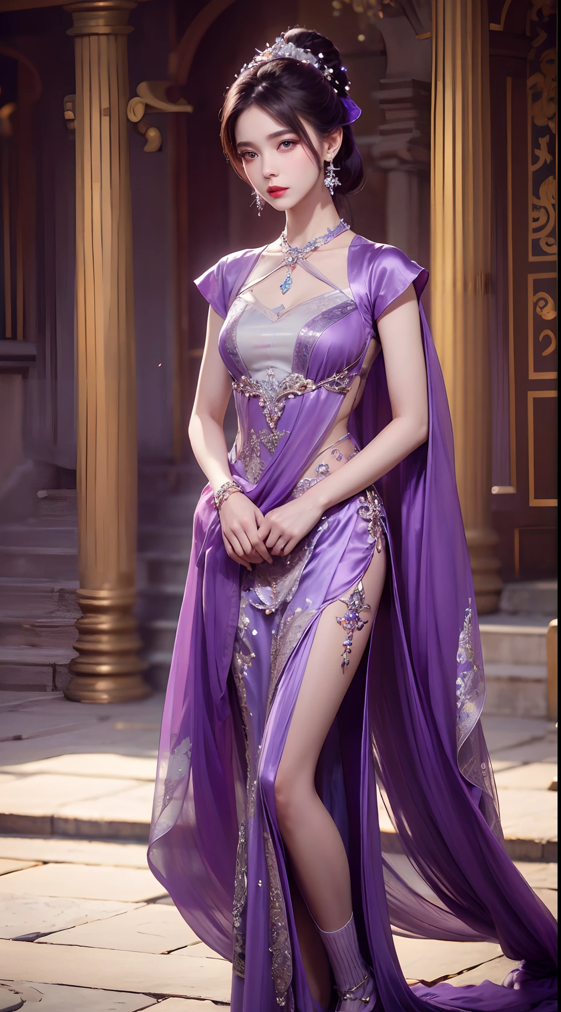 8K ultra hd, masterpiece, best quality, a beautiful girl, long hair, impressive hairstyle, royal hair jewelry, pretty cute face, flawless face, jewellery earrings, antique jewellery, details eyes, beautiful eyes, meticulous makeup, thin eyebrows, beautiful red lips, medium breasts, purple mesh socks, thin purple silk shirt with many white motifs, purple lace shirt, long bangs and a long platinum purple ponytail, realistic colors, magic effects, Ancient hanfu background, look directly at the audience, standing, whole body capture,
