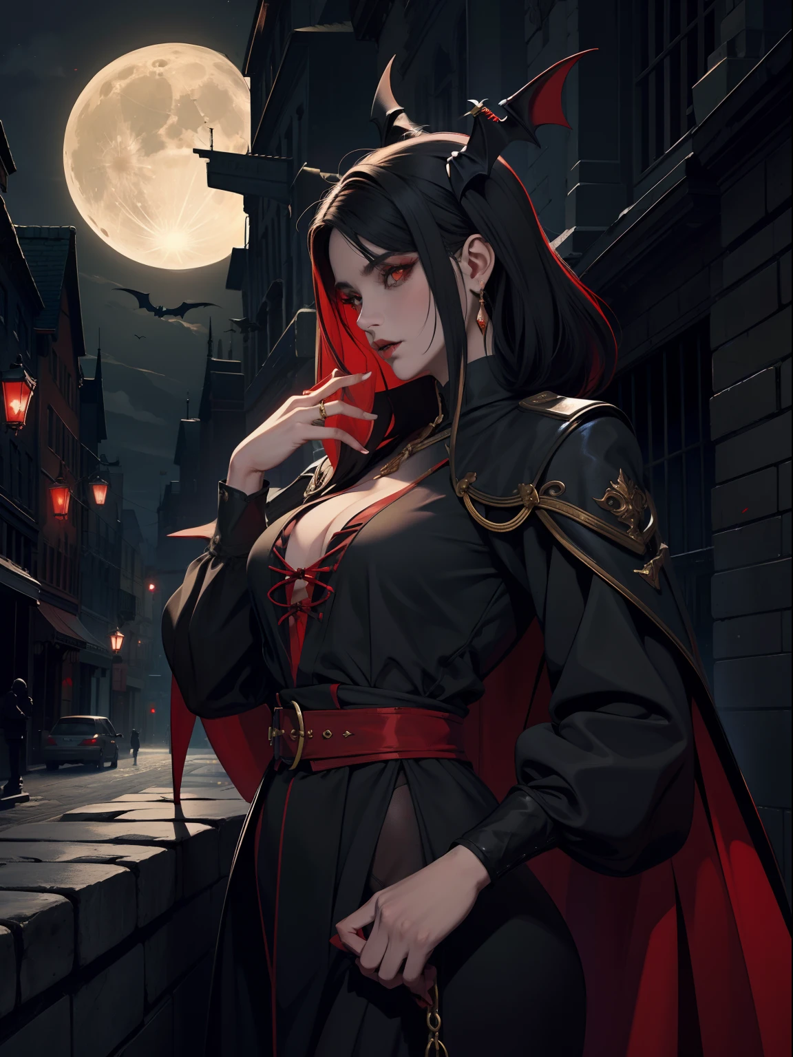 Red eyes,black cloaths,Vampires,The night of the full moon,Street side of the city
