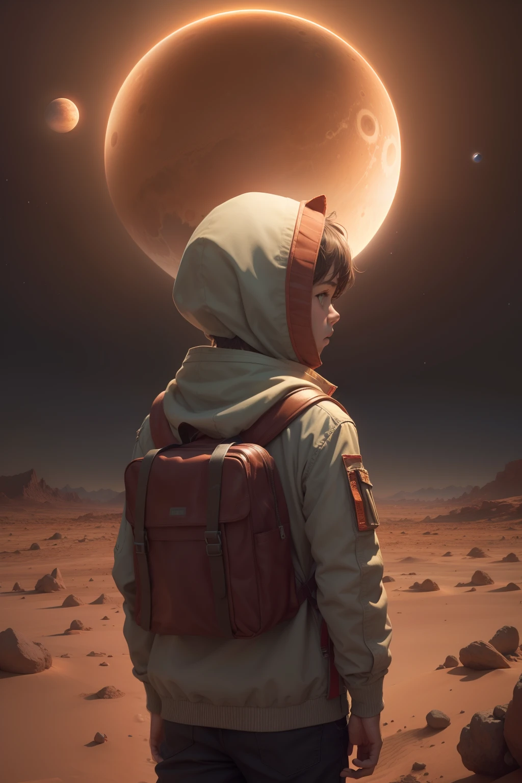 "A lost boy on Mars", see Jupiter, back side, face not visible, library, book around, cinematic, "planets around":0.6