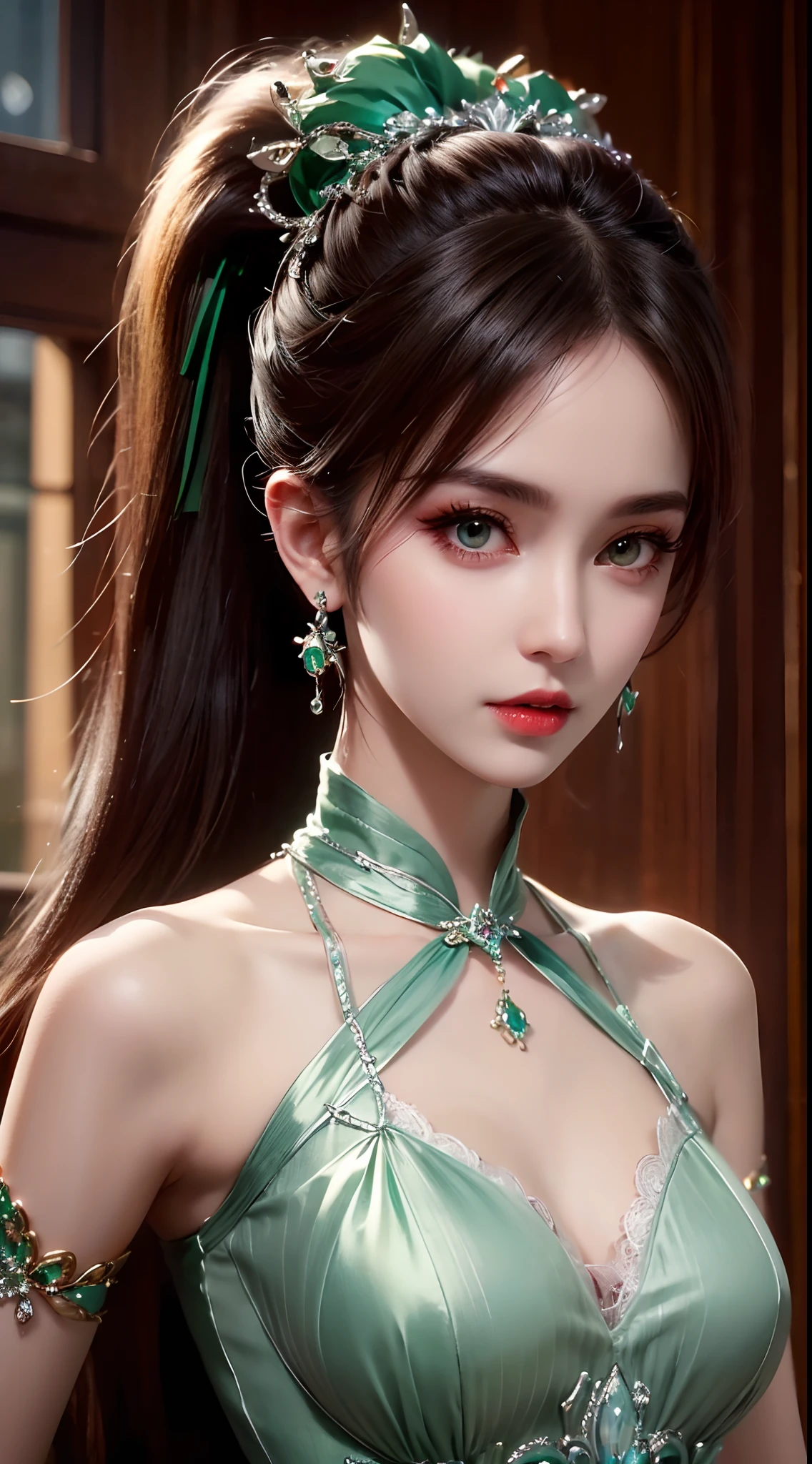 8K ultra hd, masterpiece, best quality, a beautiful girl, long hair, impressive hairstyle, royal hair jewelry, pretty cute face, flawless face, jewellery earrings, antique jewellery, details eyes, beautiful eyes, meticulous makeup, thin eyebrows, beautiful red lips, medium breasts, dark green mesh socks, thin dark green silk shirt with many white motifs, white lace shirt, long bangs and a long platinum dark green ponytail, realistic colors, magic effects, Ancient hanfu background, look directly at the audience, whole body capture,