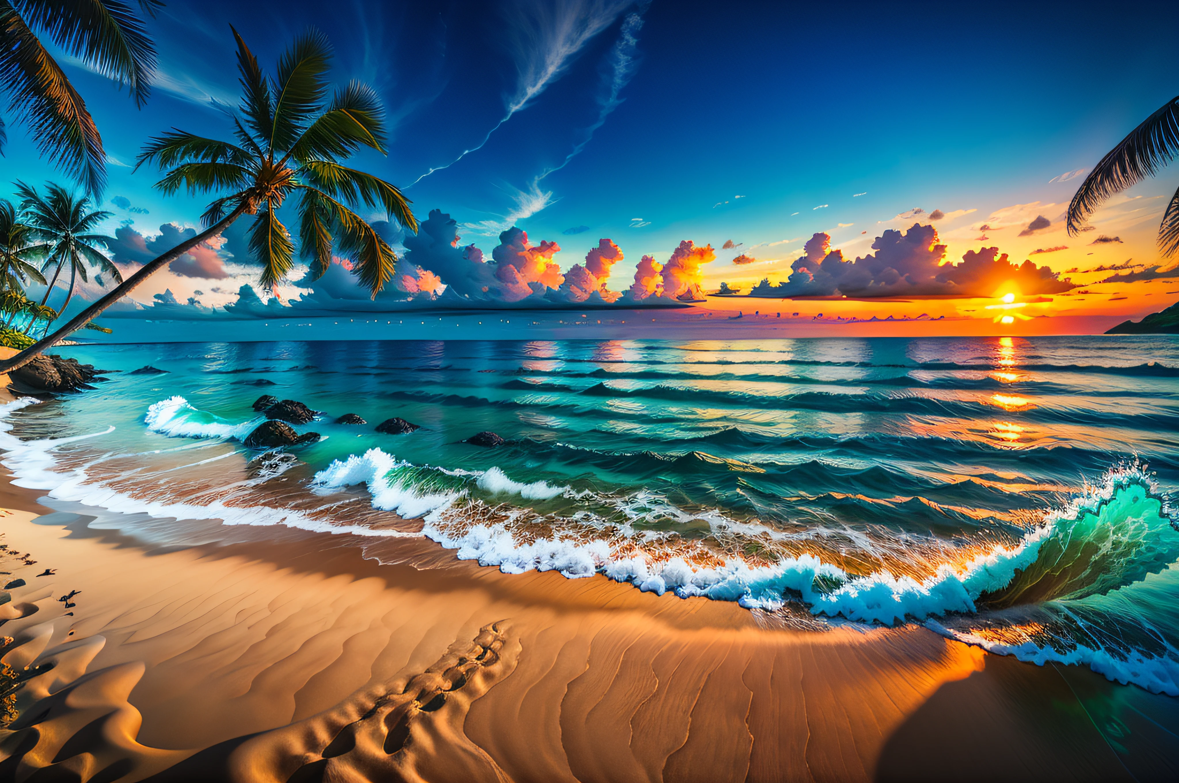 ​masterpiece、top-quality、超A high resolution、8K、realisitic、Highly detailed CG、ultra-detailliert、finely detail、hawaii、the beach、Fantastic horizon with a mixture of orange and blue、 Vast sky dyed purple-red、evening glow、the setting sun、Silhouette of a palm tree、Emerald Green Sea、 vague、White sandy beach、Composition with depth、Perspective