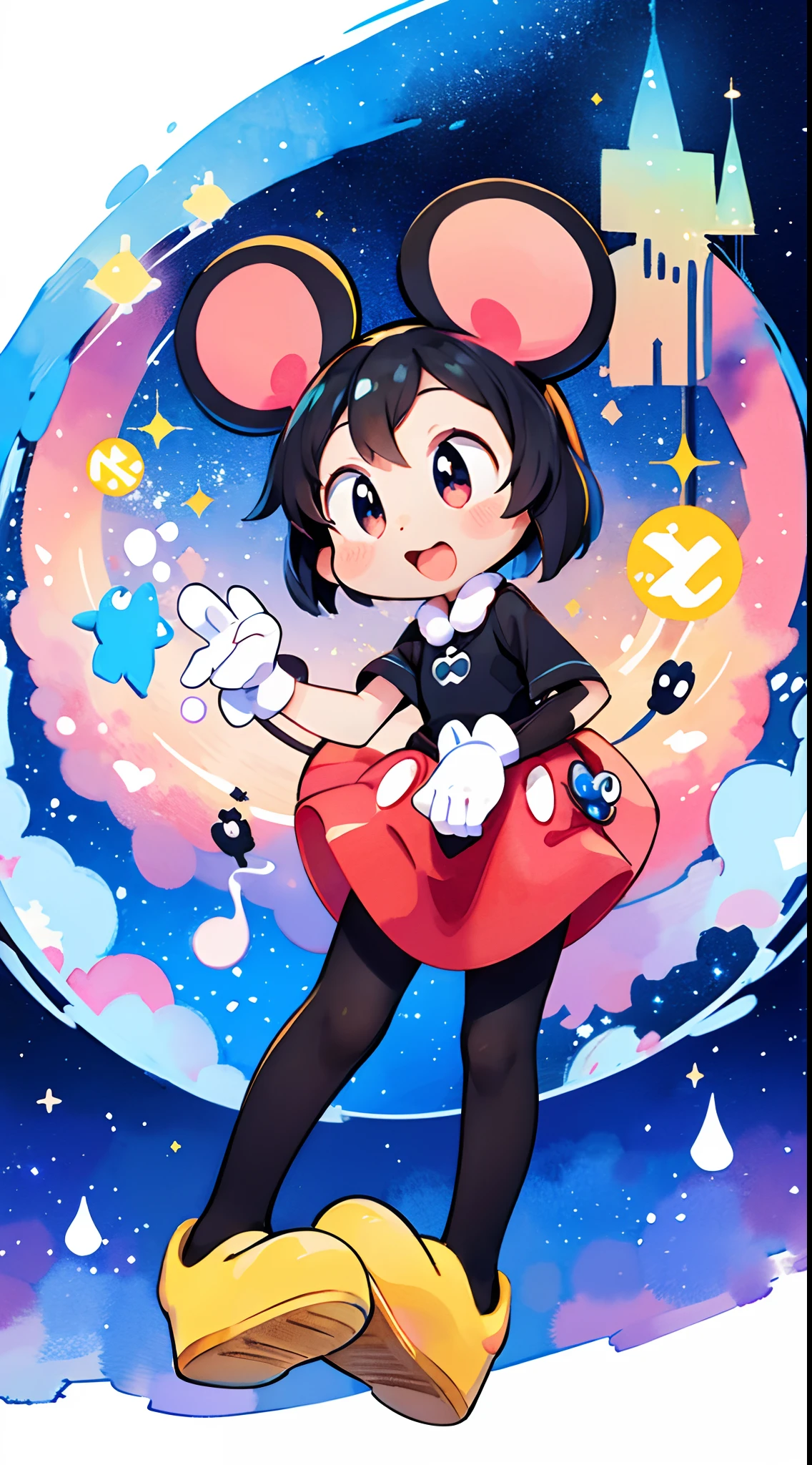 Disney、Disney land、mickey mouse、cute illustration:1.2、watercolor paiting、white backgrounid、Particles of light、ornate、(High resolution of the highest quality)