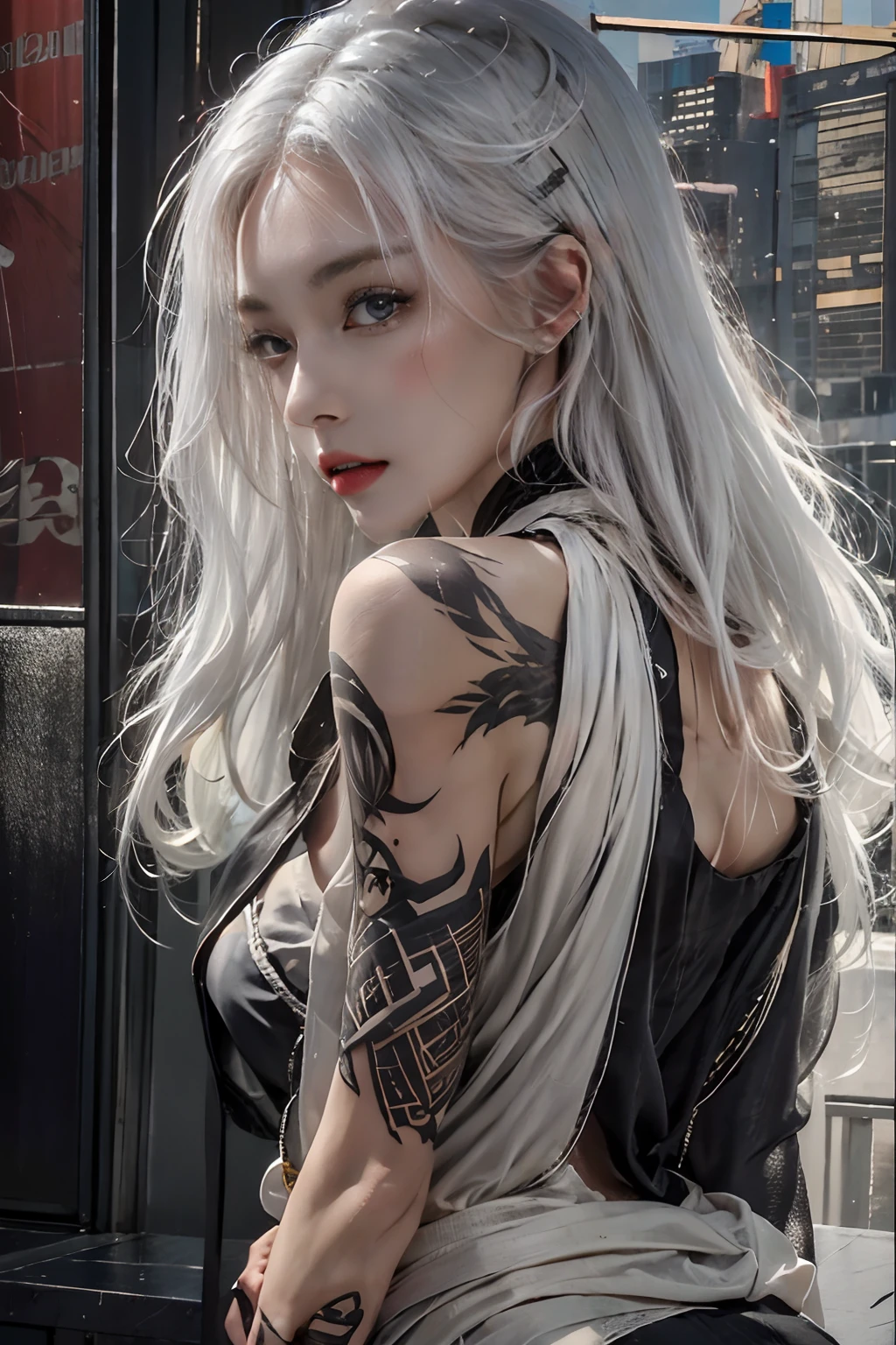 Photorealistic, High resolution, 1womanl, Solo, hips up high, look at viewr, (Detailed face), White hair, Long hair, Black business suit, Mafia, The tattoo, Jewelry