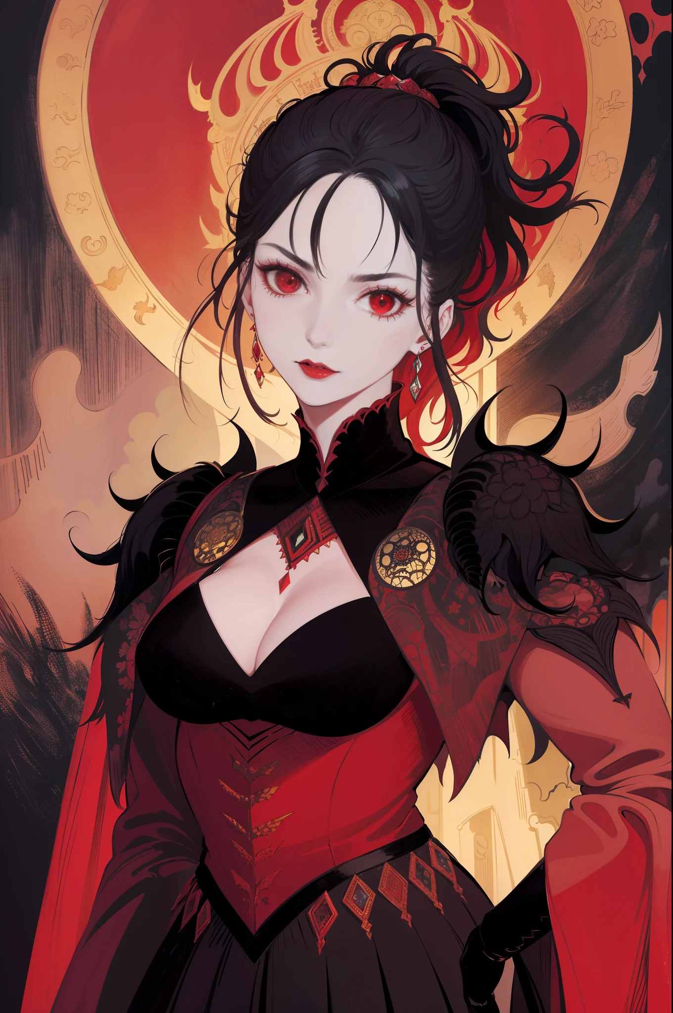 1 beautiful devil woman from hell, In the Dark: 1.6), surreal female portrait by David Hockney and Alphonse Mucha, fantasy art, korea doll, photorealism, dynamic lighting, artstation, poster, volumetric lighting, very detailed faces, 8k ultra, Awarded, in the dark, deep shadow, low key, cowboy lens, (Red phoenix dress: 1.4), long hair, black hair, bust, luxurious palace, Royal style, devil crown, red eyes make up very sharp and detailed, The most beautiful face, The breasts are very big and round and round, Super realistic, chinese women's clothing, polo neck sweater, Charming smile, The eyes are very well made up, guweiz, devil style, wearing black mesh socks, Ponytail with a bow tied at the back of the hair, Red black lips, Devil tattoo on shoulder, wearing a thin red and black robe, the landscape is overcast and thunderous, (Portrait), Close-up of the main character, (Background details 1.8),