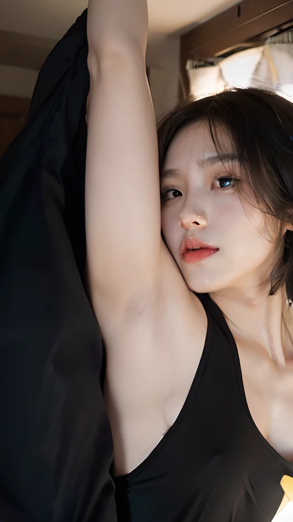 (RAW photo, best quality, masterpiecel1.47), (realistic, photo-realistic:1.35),Ace, 4k, High Resolution, Masterpiece, Best Quality, Head:1.3, Korean(K-pop Idol), Fine Skin, Sharp Focus, ((erectnipples)), (Cinema Lighting), Clavicle, Morning, Soft Light, Dynamic Angle, [: (detailed face:1.2):0.2], armpit wrinkles, thigh gap, dynamic pose(open legs, spread legs:0.9), (solo), (black(loose and oversized)cami), ((high legs cut)lace panties), slim, natural(small-breasts), cleavage, full body, erotic, ((erectnipples)), (female pubic-hair:1.35), (puffy eyes:1.3), (slim legs),