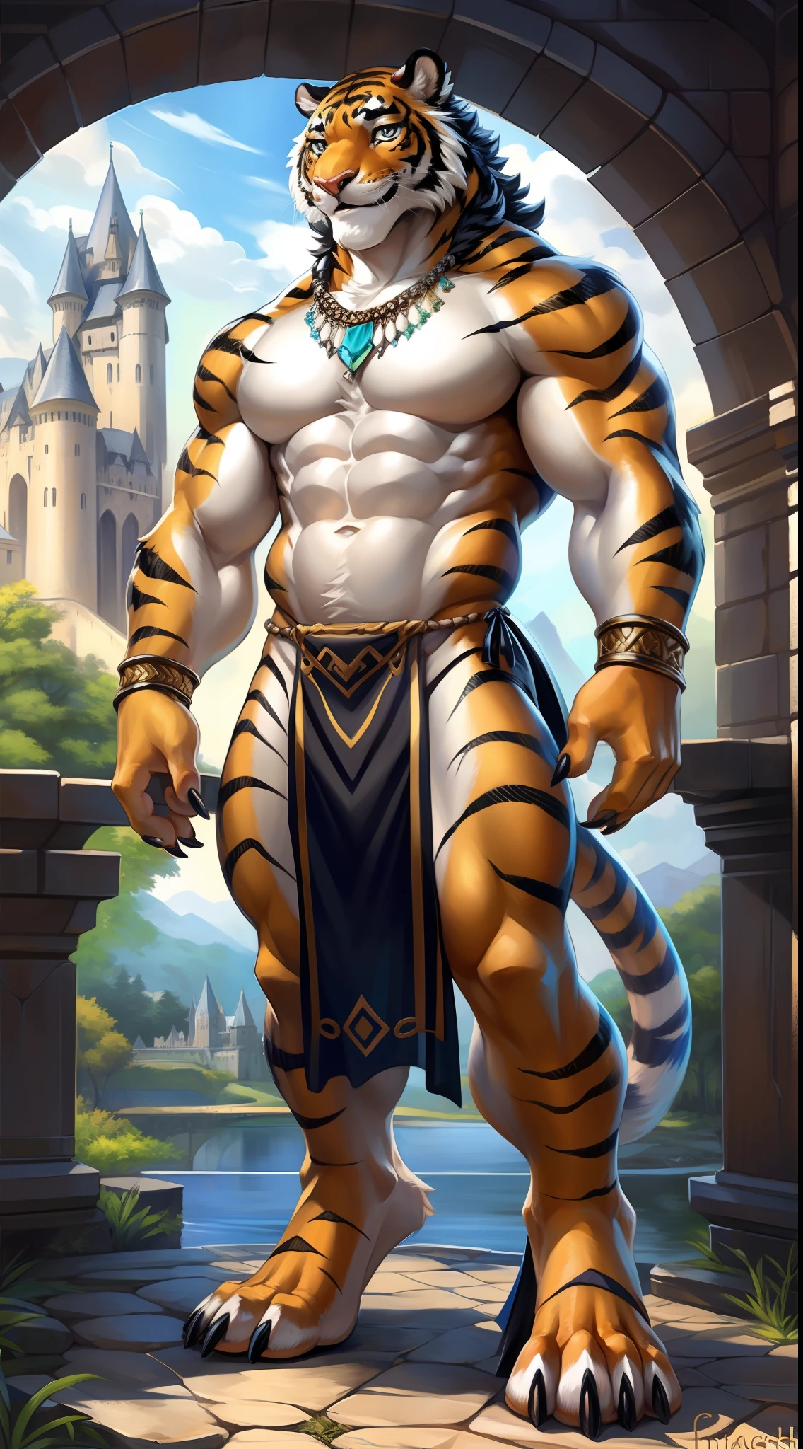 Uploaded on e621, (male anthro tiger), standing on your feet, 独奏, musculature, Detailed fur texture, Castle, (battlefiled), (tribe outfit, ((long loincloth with))), (Shoulder blades, Leg nails), White body，blue stripe，White belly，zori，shadowing，Dim environment，（Chie's art，（drakgem），（（rakisha）），（kontanagamori）），（up front view），Looks pleased，[simple backgound]，Detailed students，Masterpiece artwork，Caustics, edge lit, Single light source, Sharp shadows, Single portrait, (digitgrade, toe claw), (kemono), by inessa garmash, greg rutkowski, pino daeni, ruan jia