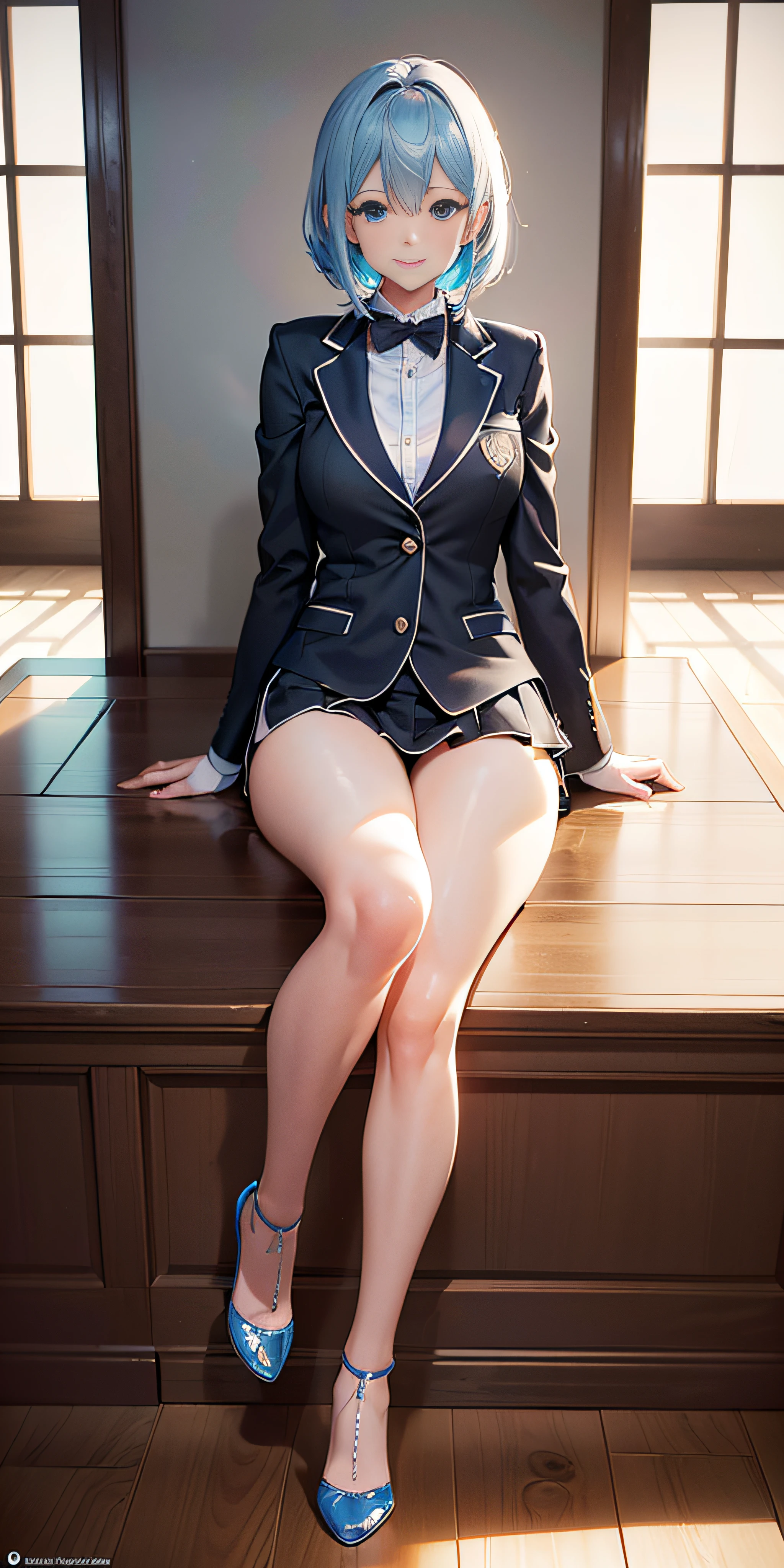 Vista aleatoria, plano de cuerpo entero, anime, estilo anime de mujer realista, (Blue-eyed Hungarian), 18 years old girl, ((blazer gris, cinta, minifalda plegada color azul marino, calcetines)), aula de Universitaria, hermoso detalle en los ojos, (eye size: 3/4) luz en la cara, (((detalles intrincados))), ((foto de cuerpo completo: 1.2)), luz especialmente fuerte, (ojos superiores, sonrisa sonriente: 1.2), piel brillante, (((color de cabello aleatorio))), (muslos gruesos), ulzzang-6500-v1.1: 0.2, bashful, (Flash: 1.2), NSFW , (hinchado), ((postura seductora: 1.2, atractivo: 1.2)), (inactivo), (sentada en un escritorio: 1.2)), ((good anatomy: 1.2)), aula brillante y refrescante, Cute and symmetrical face, Natural side lighting, 8k, Fotos RAW, calidad superior, obras maestras, High Definition RAW color photos professional close-up photos, (realista, fotorrealismo: 1.37), (highest qualityr), (alto contraste luz sombras), (mejores ilustraciones), (erotic, sexy, ultra-high-resolution, 8K HD Unified CG Wallpapers, Physical representation, movie lighting), Canon EOS R50 camera with 50mm lens