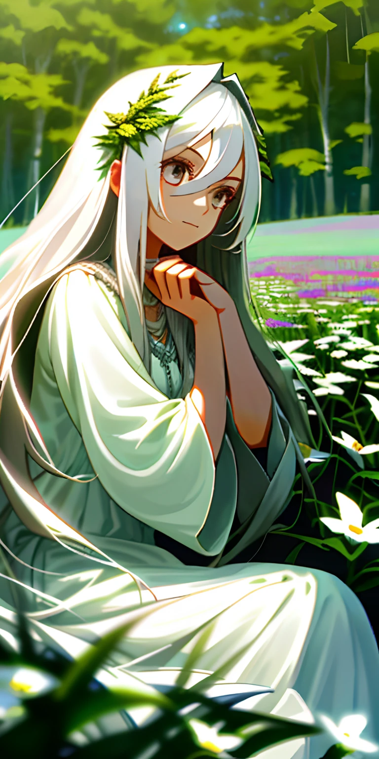 (tmasterpiece,best qualtiy),1 girl with long white hair sitting in a field of greenery and flowers,her hand under her chin,warmly lit,white dresses,Blurred foreground Full