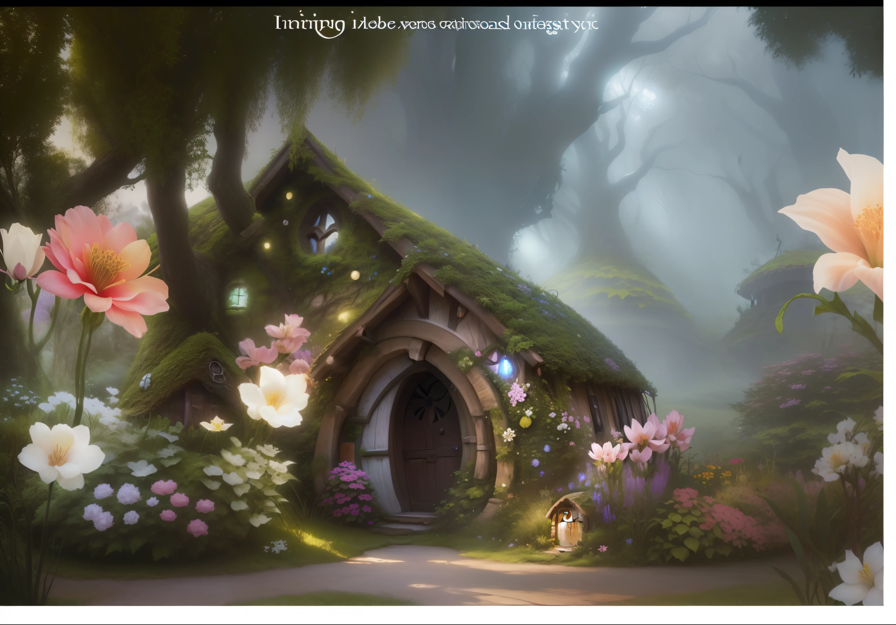 In the middle of the garden there is a picture of a hobbit house, magical dream-like atmosphere, dream scenery art, Magical environment, a paradise like a fairyland, enchanted magical fantasy forest, in a whimsical fairytale forest, Magical realism style, very surreal garden, an enchanted forest, floral environment, fantasy magical vegetation, very magical and dreamy,hyper HD,4K