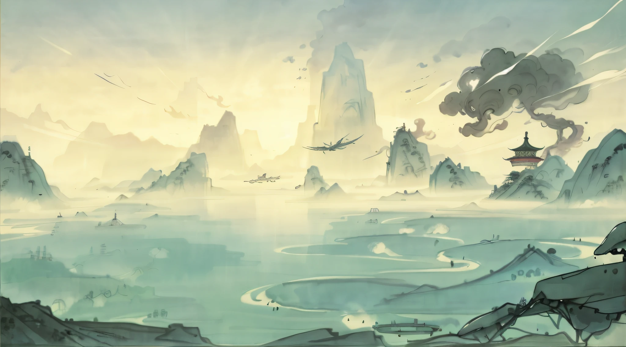 China ink painting,Floating mountains, the background is misty, game background, misty environment, 2 d game art background, loading screen, Detailed game art, Wonderland is ethereal,high qulity,ultra-clear,Sense of space,Layered,