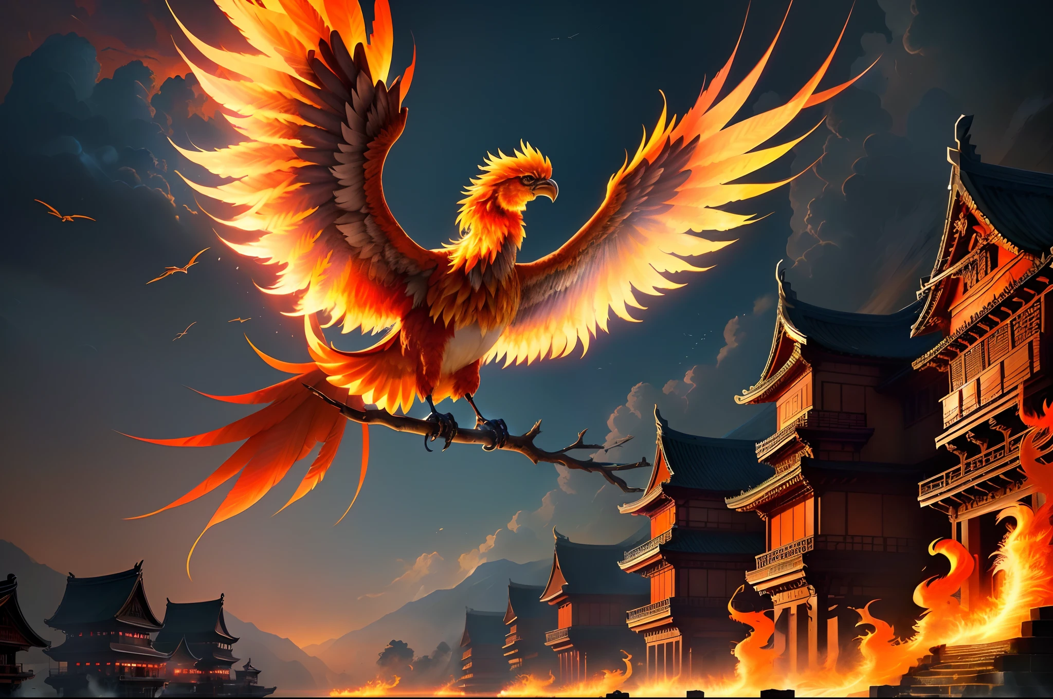 There is a bird flying in the air with fire, 火焰,optic,fly,fenghuang,Big Bird,4K detailed digital art, 4k highly detailed digital art, Anime art wallpaper 4k, Anime art wallpaper 4 K, artwork of a phoenix, Detailed digital art, fiery bird, ''wallpaper of a phoenix, Digital artwork 4 K, Wallpapers 8 K, 8K high quality detailed art