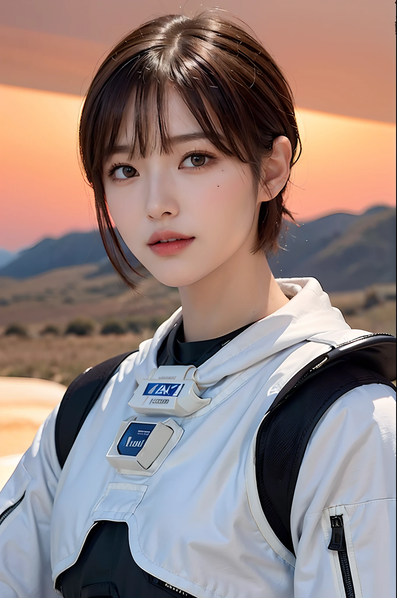 top-quality、masterpiece、超A high resolution、(realisitic:1.4)、portlate、a closeup、Beautiful adult woman、Beautiful detail eyes and skin、ssmile、Light brown short-cut hair、The perfect spacesuit、huge robot、A desolate and mysterious planet、Red sky、
