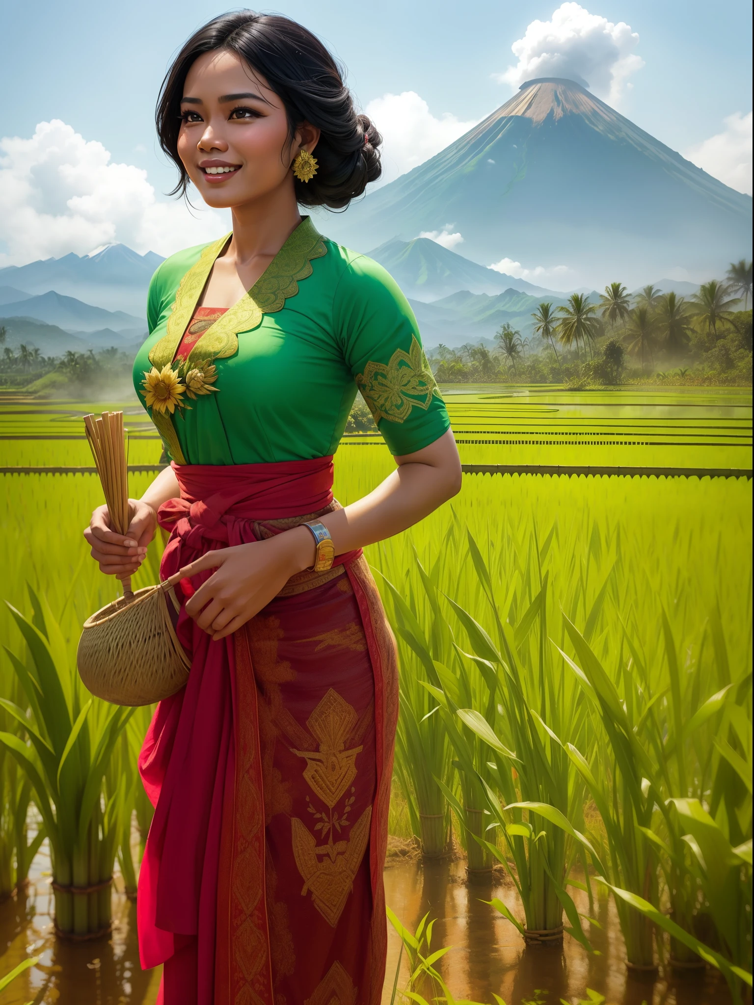 A Gorgeous black haired female Indonesian West Javanese Rice Farmer wears light green kebaya dress with a happy face and light laugh, nurturing her just about to crop rice at her vast rice field with beautiful volcano in background, bamboo hut and bamboo woods, an epic masterpiece hyper realistic digital art of Frank Bellamy, professional color grading by Kenneth Hines Jr. , 80's European Color Comic Style