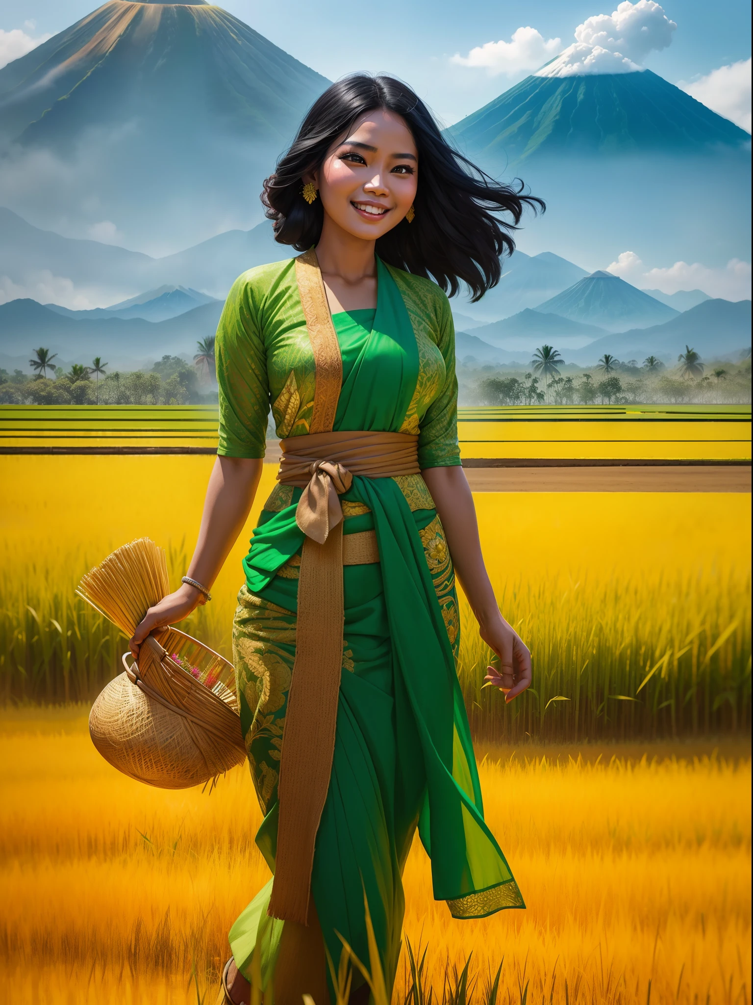 A Gorgeous black haired female Indonesian West Javanese Rice Farmer wears light green kebaya dress with a happy face and light laugh, nurturing her just about to crop rice at her vast rice field with beautiful volcano in background, bamboo hut and bamboo woods, an epic masterpiece hyper realistic digital art of Frank Bellamy, professional color grading by Kenneth Hines Jr. , 80's European Color Comic Style