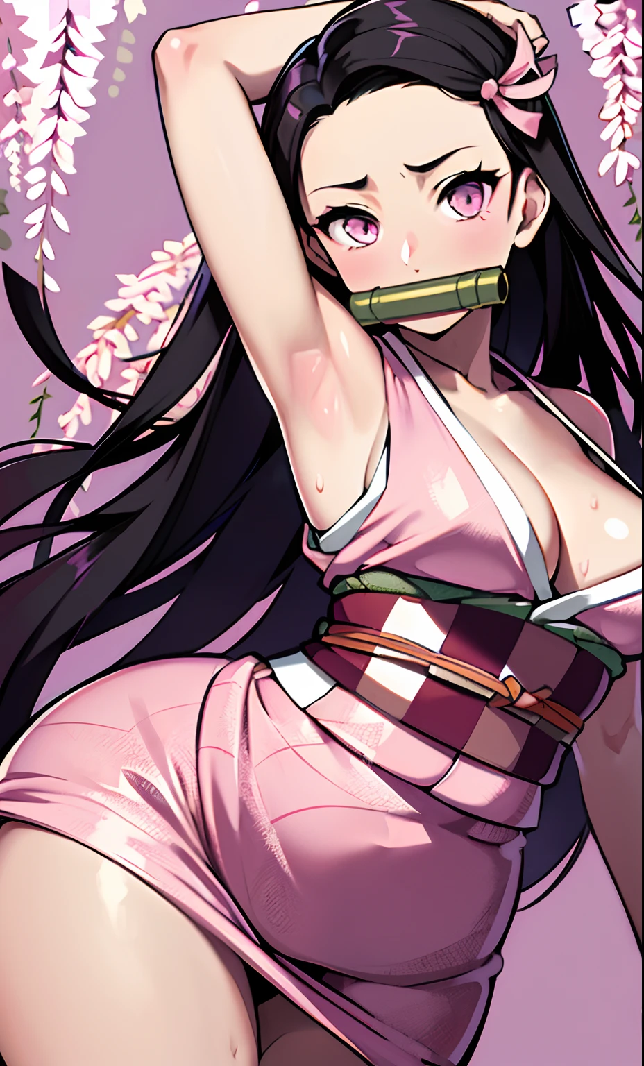 masterpiece, (pink kimono), seductive face, good lighting, décolleté, fine details, masterpiece, glowing eyes, 1girl, black hair, gag, bamboo, Nezuko Kamado, wisteria background, masterpiece, best quality, POV, whole body, wide hips, Presenting armpit, sweaty armpit, arm up,