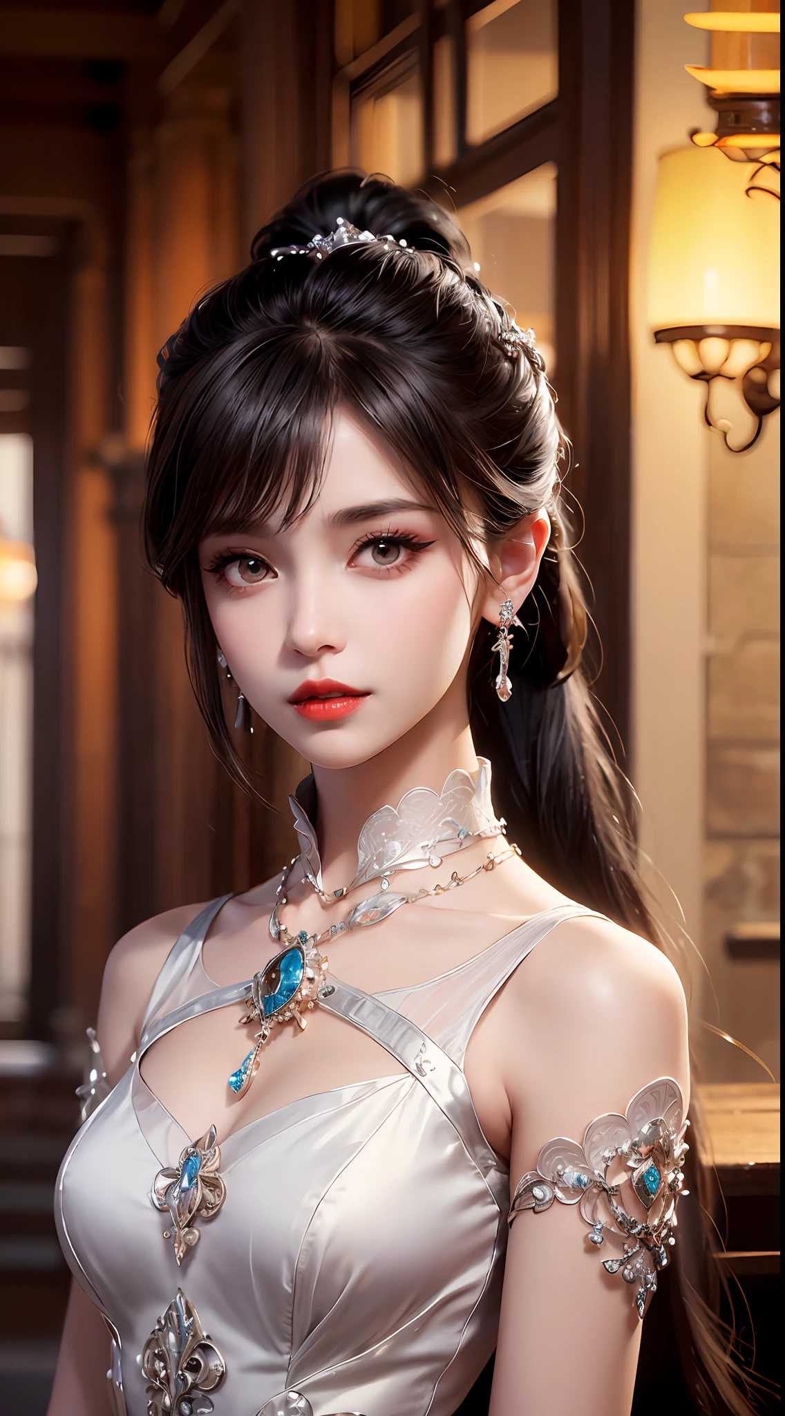 8K ultra hd, masterpiece, best quality, a beautiful girl, long hair, impressive hairstyle, royal hair jewelry, pretty cute face, flawless face, jewellery earrings, antique jewellery, details eyes, beautiful eyes, meticulous makeup, thin eyebrows, beautiful red lips, medium breasts, black mesh socks, thin black silk shirt with many white motifs, white lace shirt, long bangs and a long platinum black ponytail, realistic colors, magic effects, Ancient hanfu background, look directly at the audience, standing, whole body capture,