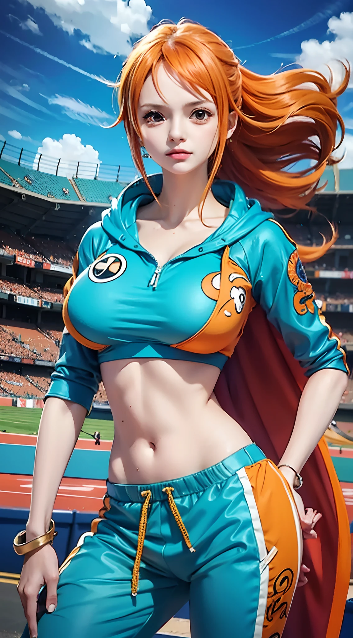 nami from anime one piece, beautiful woman, woman, very beautiful, orange hair, long hair, perfect body, perfect boobs, wearing blue hoodie, blue jogger pants, orange nikes, on the ball field, football stadium, standing, masterpiece, textured skin, super detail, high details, high quality, best quality, HD, 16k