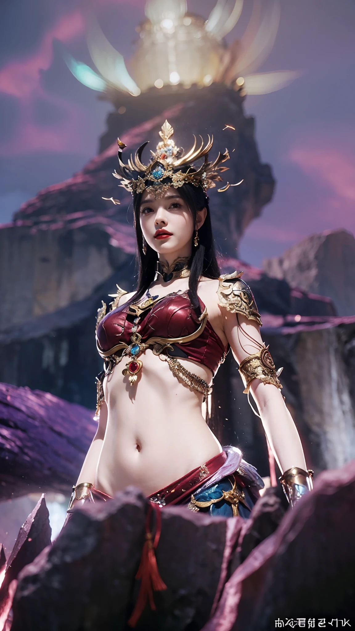 An Allad woman in costume stands on a rock with a sword, a beautiful fantasy empress, cinematic goddess close shot, cinematic goddess body shot, full-body xianxia, ne zha from smite, unreal engine rendered + A goddess, cinematic goddess shot, Fantasy Woman, hyper-detailed fantasy character, extremely detailed goddess shot, ((a beautiful fantasy empress))