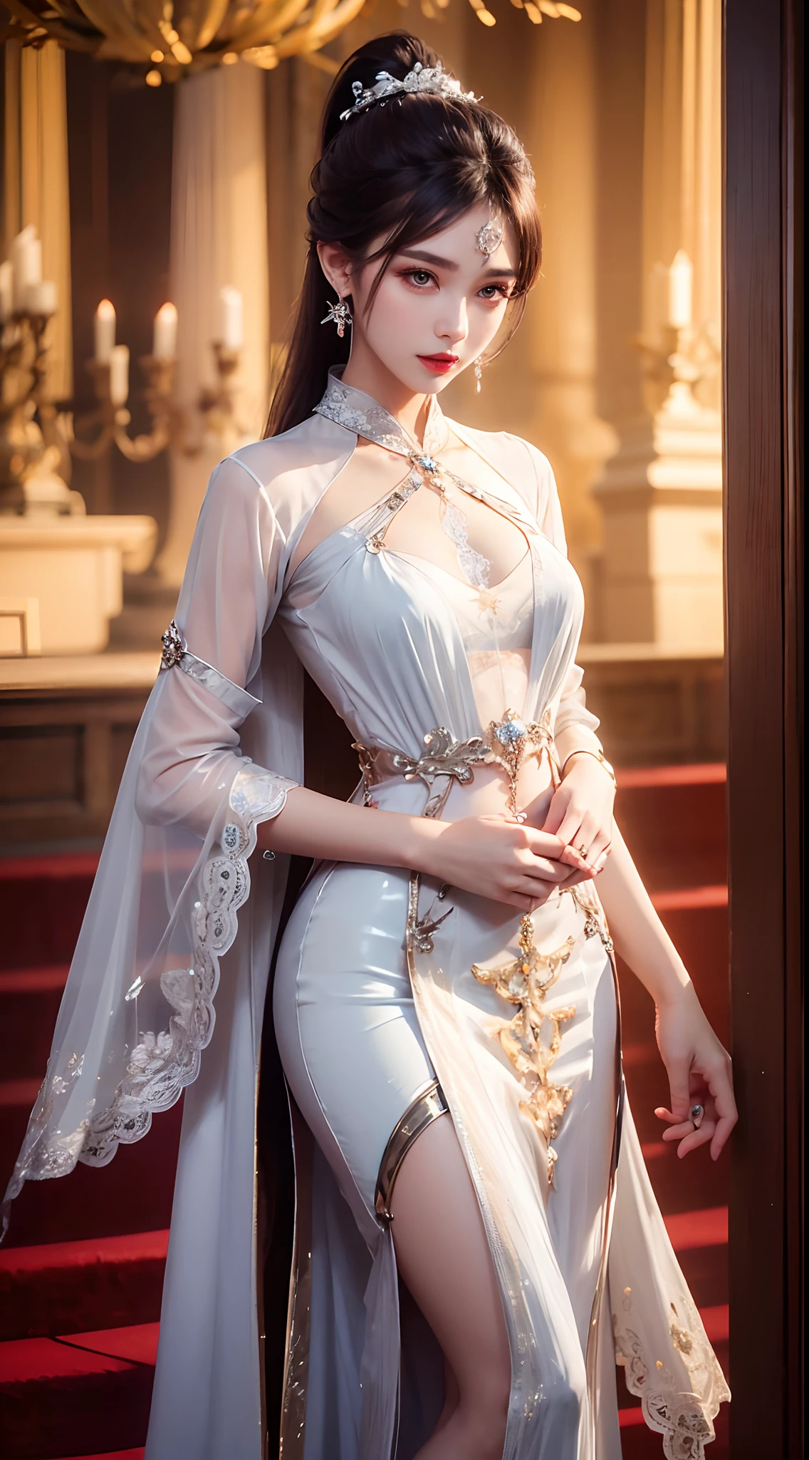 8K ultra hd, masterpiece, best quality, a beautiful girl, long hair, impressive hairstyle, royal hair jewelry, pretty cute face, flawless face, jewellery earrings, antique jewellery, details eyes, beautiful eyes, meticulous makeup, thin eyebrows, beautiful red lips, medium breasts, black mesh socks, thin black silk shirt with many white motifs, white lace shirt, long bangs and a long platinum black ponytail, realistic colors, magic effects, Ancient hanfu background, look directly at the audience, standing, whole body capture,