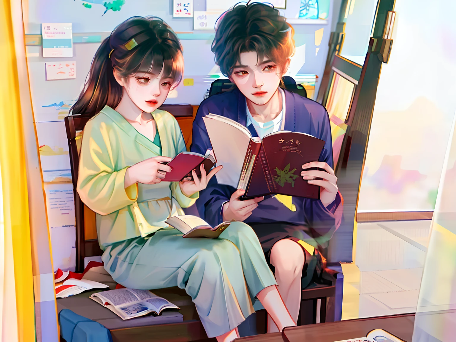 Two children sitting on the bed reading a book, reading new book, reading the book about love, Children, kid, trying to read, Ruan Jia and Fenghua Zhong, jinyiwei, reading in library, Reading a book, From reading to playing games, they are very serious, reading for a party, Gamine, zmonzheng