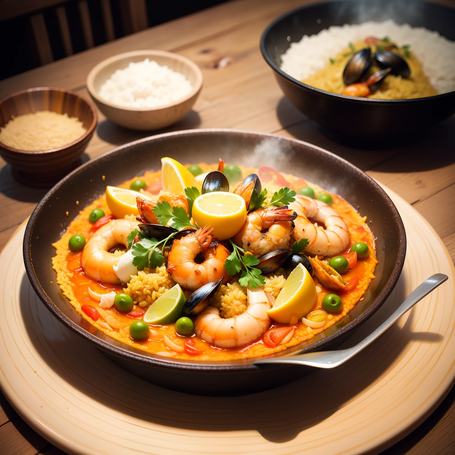 tints: Reproduce the paella with characteristic yellow and orange tones。
Texture: The rice grains are plump、The ingredients and seasonings enhance the deliciousness.。
Tools: prawn,mussel,squids,Draw a paella in which chicken is seen。
Arranged: Ingredients are evenly sprinkled、Please try to arrange the ingredients so that you can see the type of ingredients at a glance.。
Imagine how paella sits on a table in a restaurant。
Tablecloths and tableware、Including details such as cutlery、Depict your environment realistically。
natural soft light: Gentle sunlight on paella、Try to bring out the color of the ingredients vividly.。
