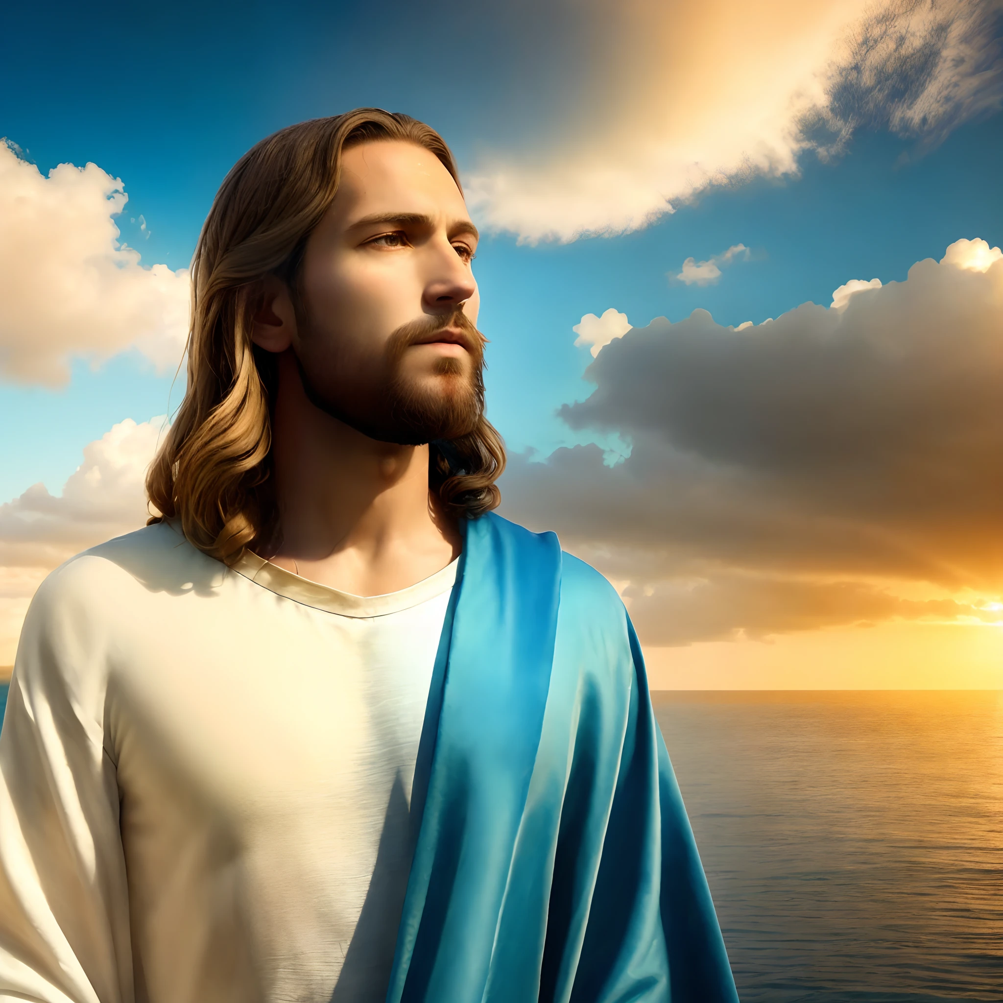 jesus standing in front of the ocean with a sky background, jesus christ, portrait of jesus christ, dressed like jesus christ, jesus, the lord and savior, jesus walking on water, jesus of nazareth, young almighty god, jesus face, greg olsen, beautiful man, his mind contemplating eternity, bright light masterpiece, god looking at me, god of the ocean