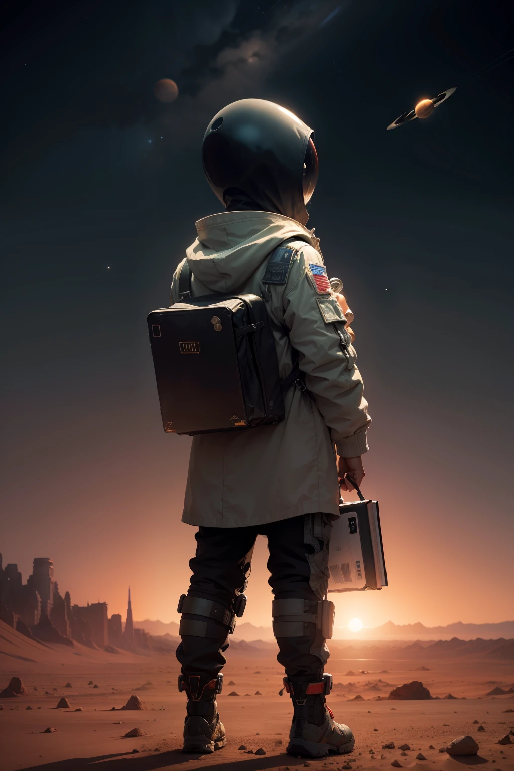 "A lost boy on Mars", back side, face not visible, library  book around, cinematic, "planets around":0.6