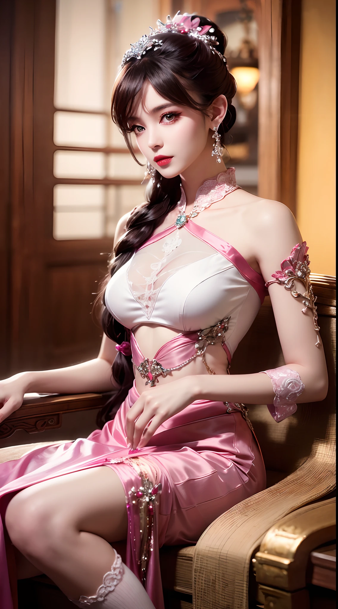 8K ultra hd, masterpiece, best quality, a beautiful girl, long hair, impressive hairstyle, royal hair jewelry, pretty cute face, flawless face, jewellery earrings, antique jewellery, details eyes, beautiful eyes, meticulous makeup, thin eyebrows, beautiful red lips, medium breasts, pink mesh socks, thin pink silk shirt with many white motifs, white lace shirt, long bangs and a long platinum pink ponytail, realistic colors, magic effects, Ancient hanfu background, look directly at the audience, whole body capture,