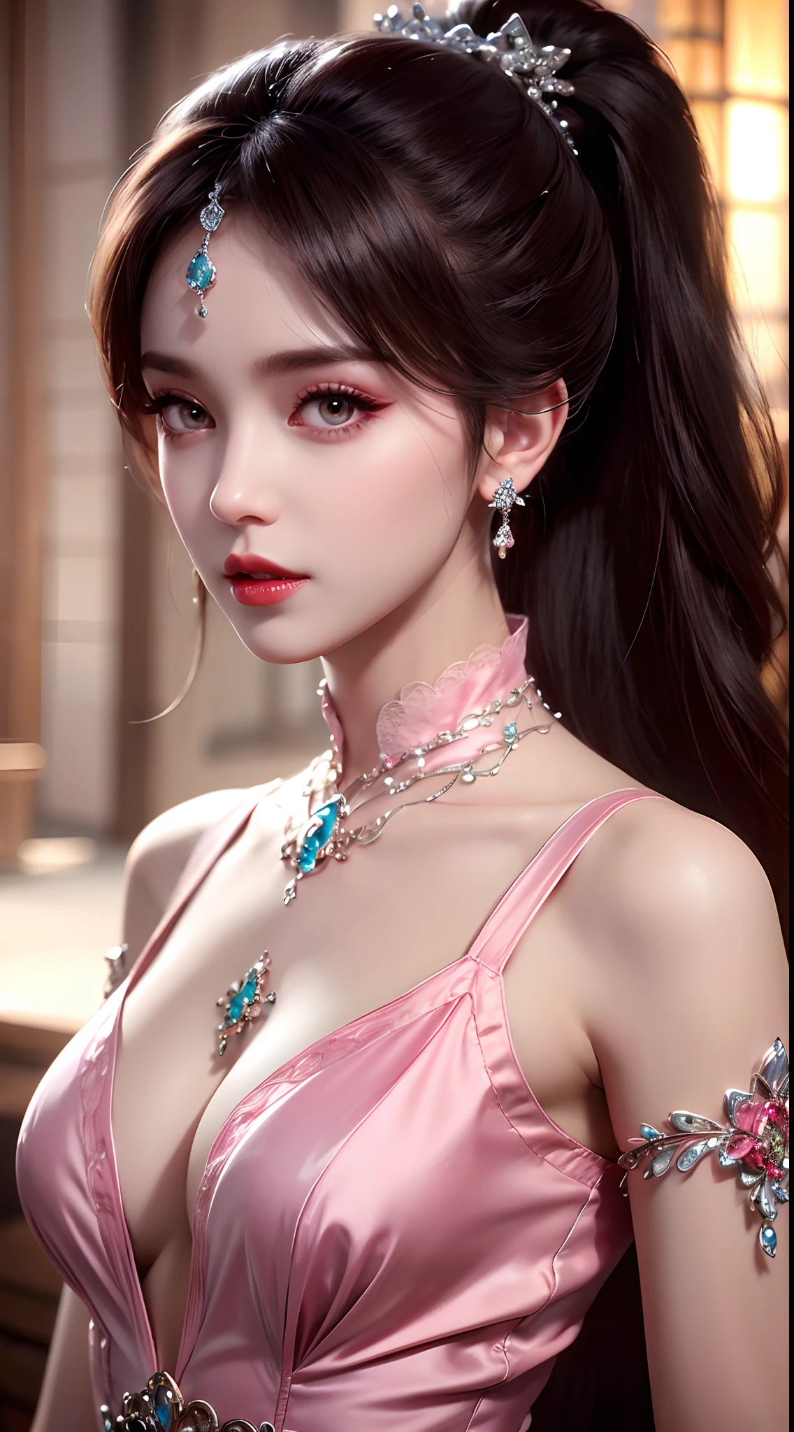 8K ultra hd, masterpiece, best quality, a beautiful girl, long hair, impressive hairstyle, royal hair jewelry, pretty cute face, flawless face, jewellery earrings, antique jewellery, details eyes, beautiful eyes, meticulous makeup, thin eyebrows, beautiful red lips, medium breasts, pink mesh socks, thin pink silk shirt with many white motifs, white lace shirt, long bangs and a long platinum pink ponytail, realistic colors, magic effects, Ancient hanfu background, look directly at the audience, whole body capture,