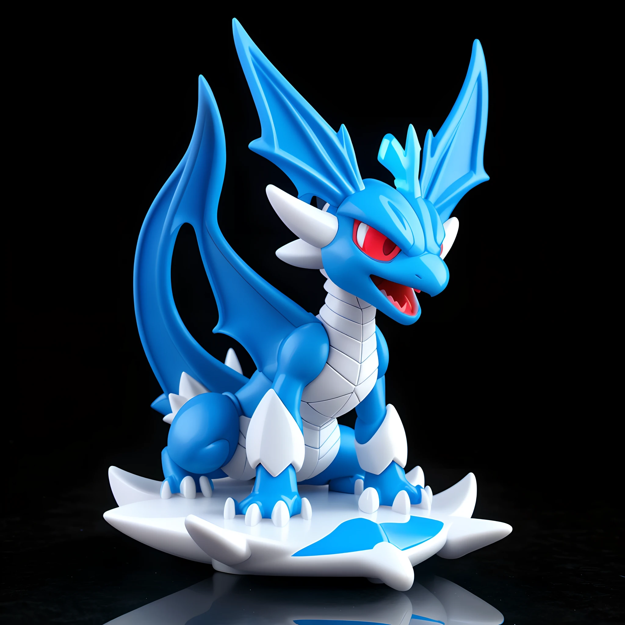 There is a blue and white elf figure sitting on a white surface, vinyl toy figurine, a cute little blue dragon, 3D model of a Japanese mascot, pvc figurine, Blue dragon, pteranadon styling, blue scaly dragon, posable pvc, pvc posable figure, Nendoroid 3D, style of cute pokemon, similar to pokemon, guggimon