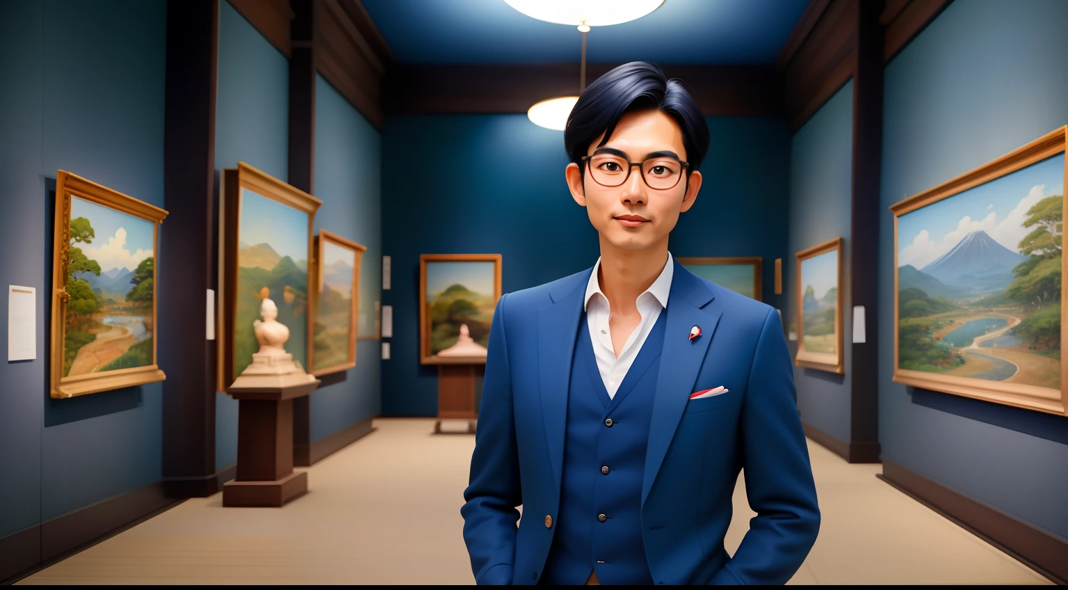 Japan man looking at a painting in a museum、Age is 50 years、a handsome、Wearing a dark blue suit、wears glasses、Well-formed face、tall、FULL BODYSHOT、wide Shots、Straight face、Decorated with overseas landscape paintings、Mysterious atmosphere