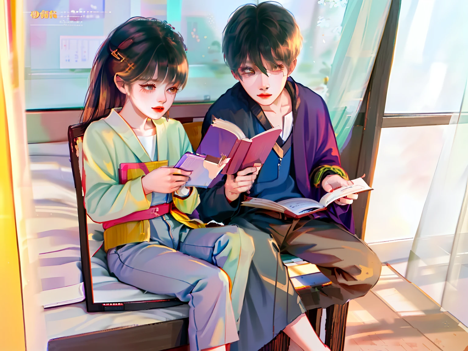Two children sitting on the bed reading a book, reading new book, reading the book about love, Children, kid, trying to read, Ruan Jia and Fenghua Zhong, jinyiwei, reading in library, Reading a book, From reading to playing games, they are very serious, reading for a party, Gamine, zmonzheng