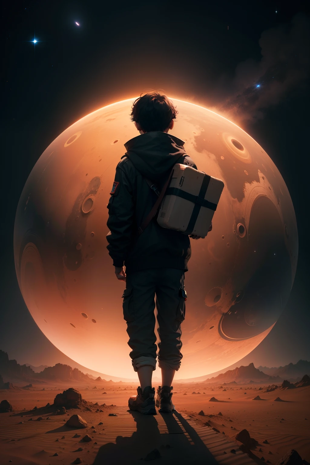 "A lost boy on Mars, Saturn in the sky", boy back side, no face, book around, aliens, cinematic, "planets around"