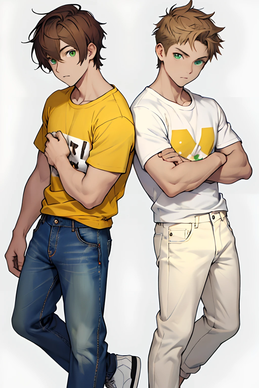 simple background、twinks、Face top right、yellow-green eyes、Brown hair color、short-haired、White T-shirt、jeans、White sneakers