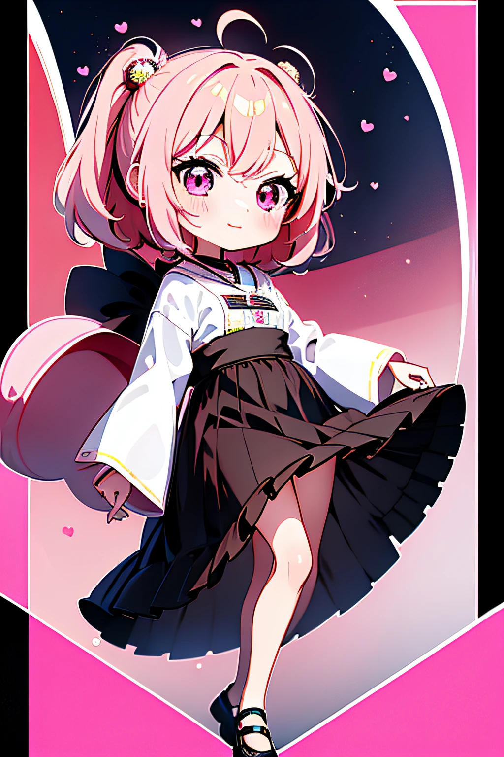 ((Best Quality)), ((masutepiece)),1 girl， animemanga girl，Q Version Characters，Infant body type，Very short in height，Pink hair，a black skirt，Expression that laughs bitterly