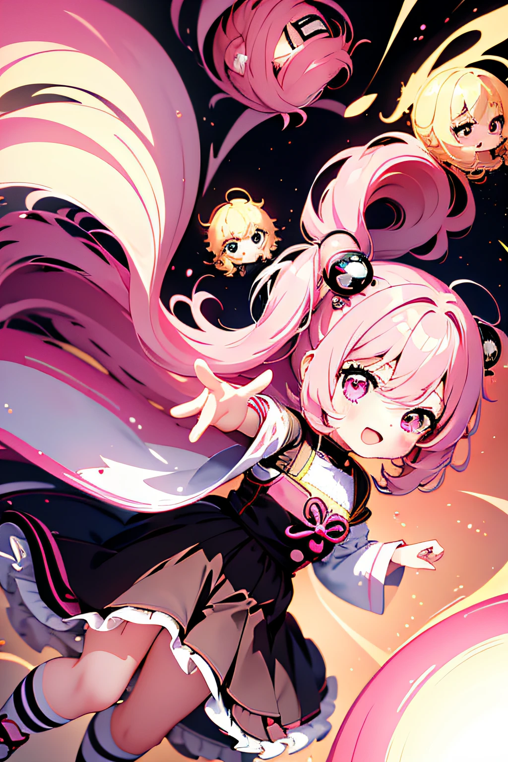 ((Best Quality)), ((masutepiece)),1 girl， animemanga girl，Q Version Characters，Infant body type，Very short in height，Pink hair，a black skirt，Expression that laughs bitterly