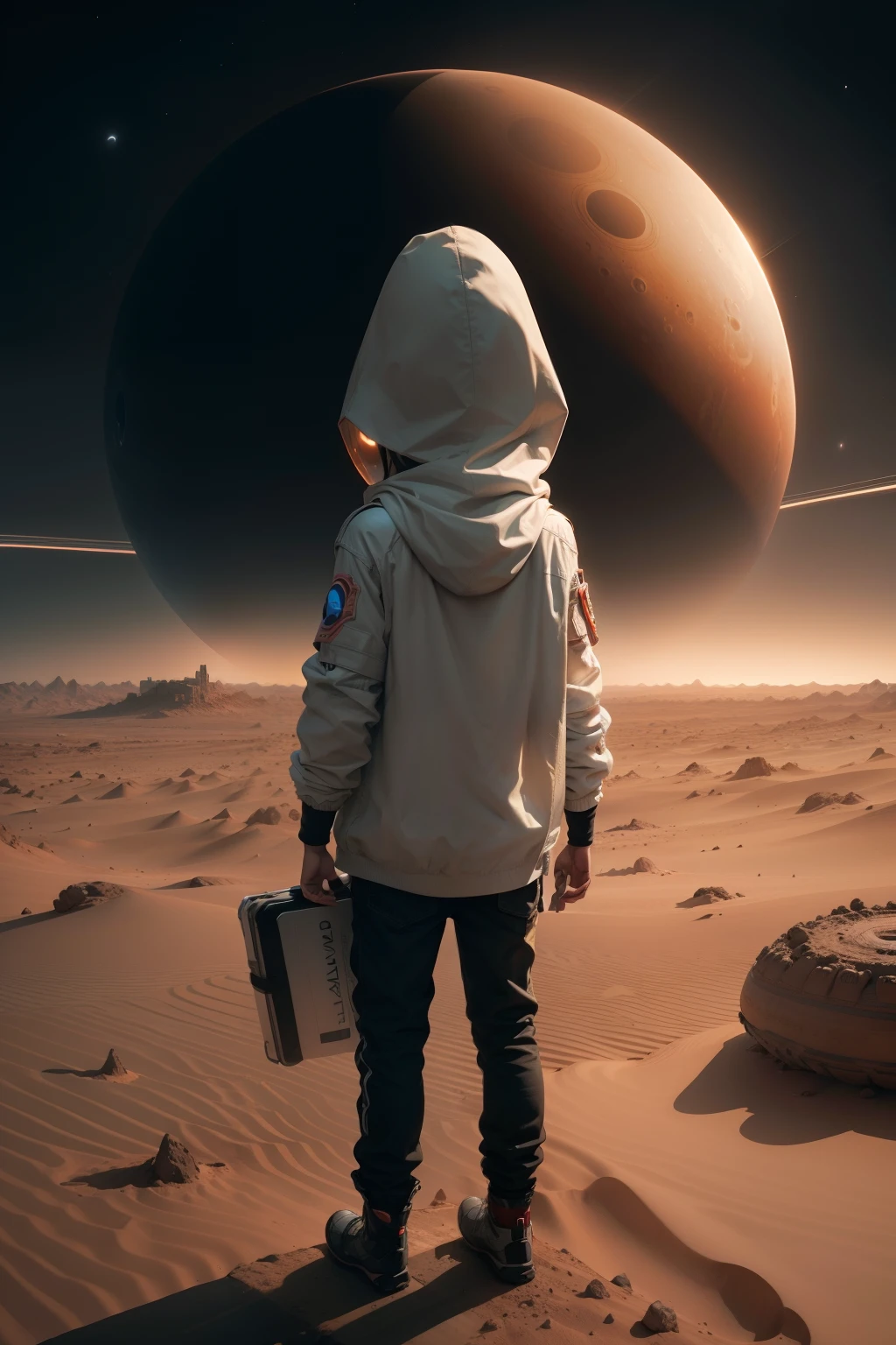 "A lost boy on Mars, Saturn in the sky", boy back side, no face, book around, aliens, cinematic, "planets around"