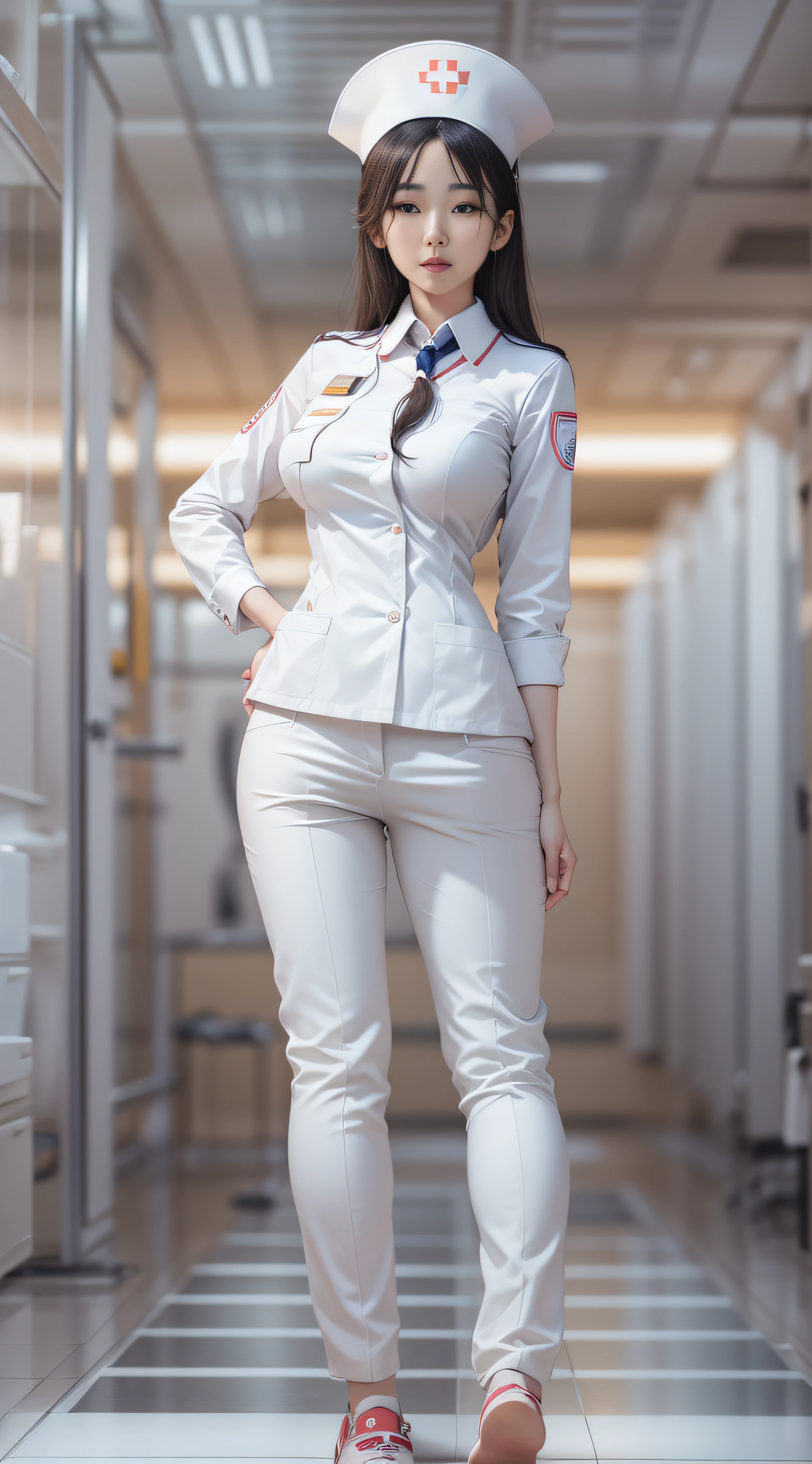 Young 24 year old, Beautiful nude Korean lady, detailed, nude roleplay nurse without uniform, elements of the white uniform, white pants, full body view, head to toe, rear view