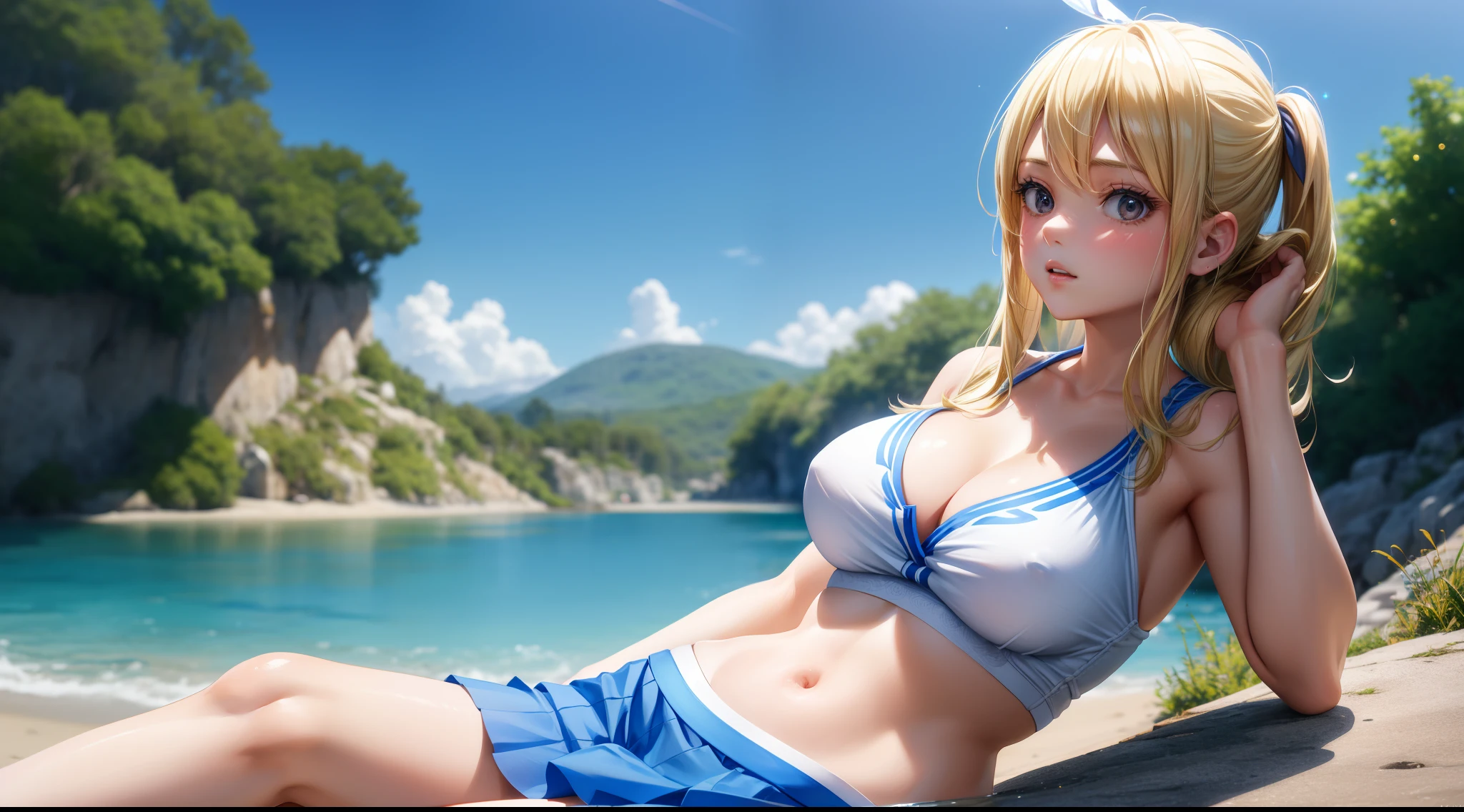 lucy heartfilia, focused upper body, 1 girl, sitting pose, white shirt, blue skirt, sparkling eyes, blonde hair, village background, nice perfect face with soft skin, intricate detail, 8k resolution, masterpiece, 8k resolution photorealistic masterpiece, professional photography, natural lighting, detailed texture,