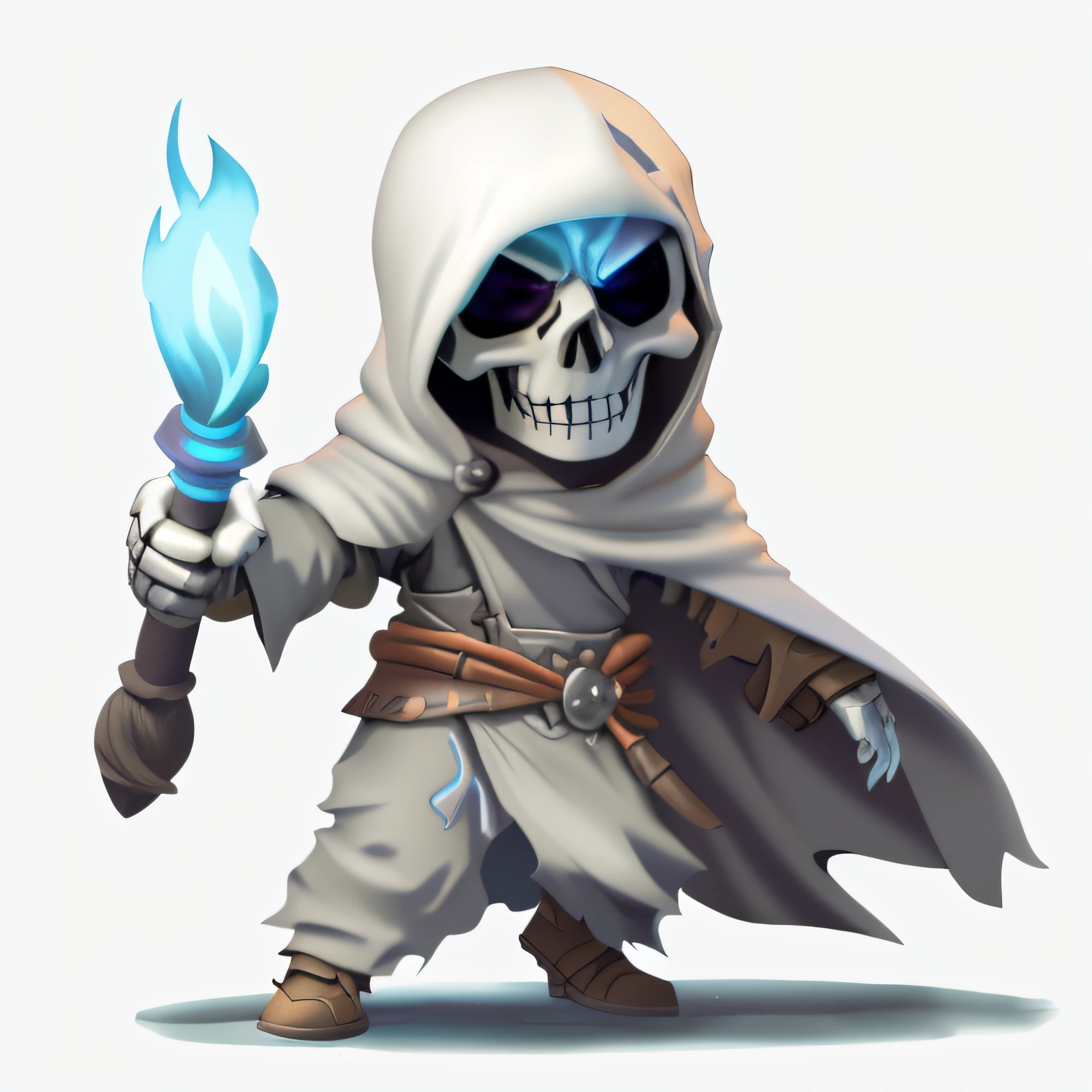 Close up of cartoon character with blue flame, an arcane wizard casting a spell, skeleton warrior, Undead Mage, Fiery Grim Reaper, ghostly necromancer, Reaper Mini, evil death, mower, With a skull wand, undead lich, skeleton knight, game character art, concept art of a monk, Game Character, Grim Reaper