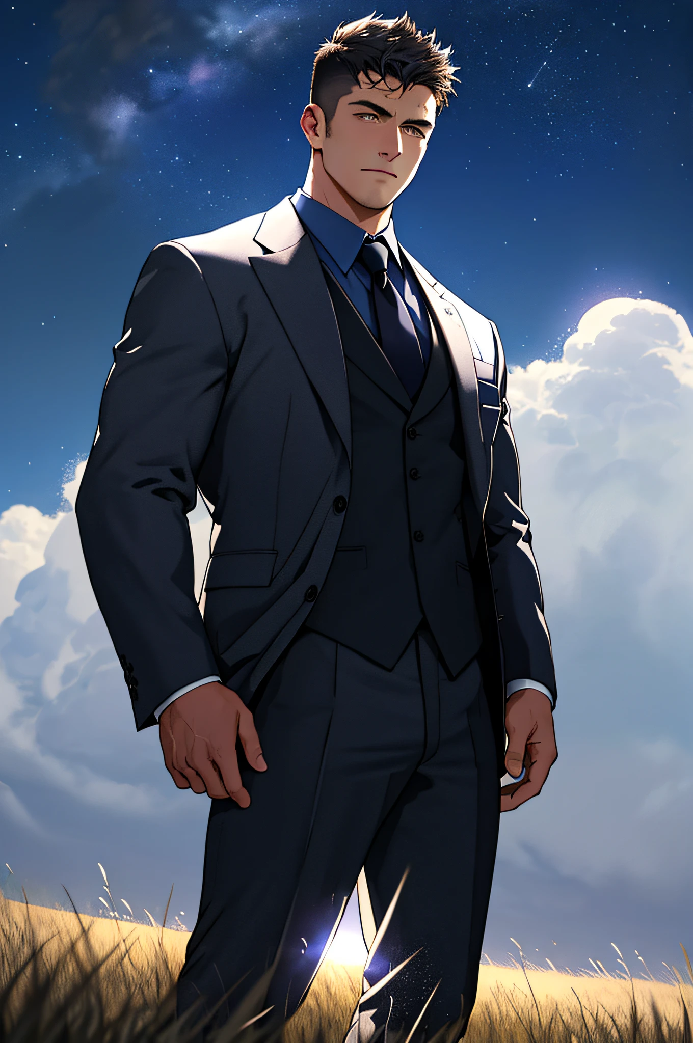 Draw a full-fledged footballer,Standing on the steppe at night,Quiet and comfortable background,He wears the same suit as the country's president,The suit fits perfectly,The man looks confident and determined,looking-down,Crew cut,full bodyesbian,Stars dot the sky,shooting from below,Big moon highlights background