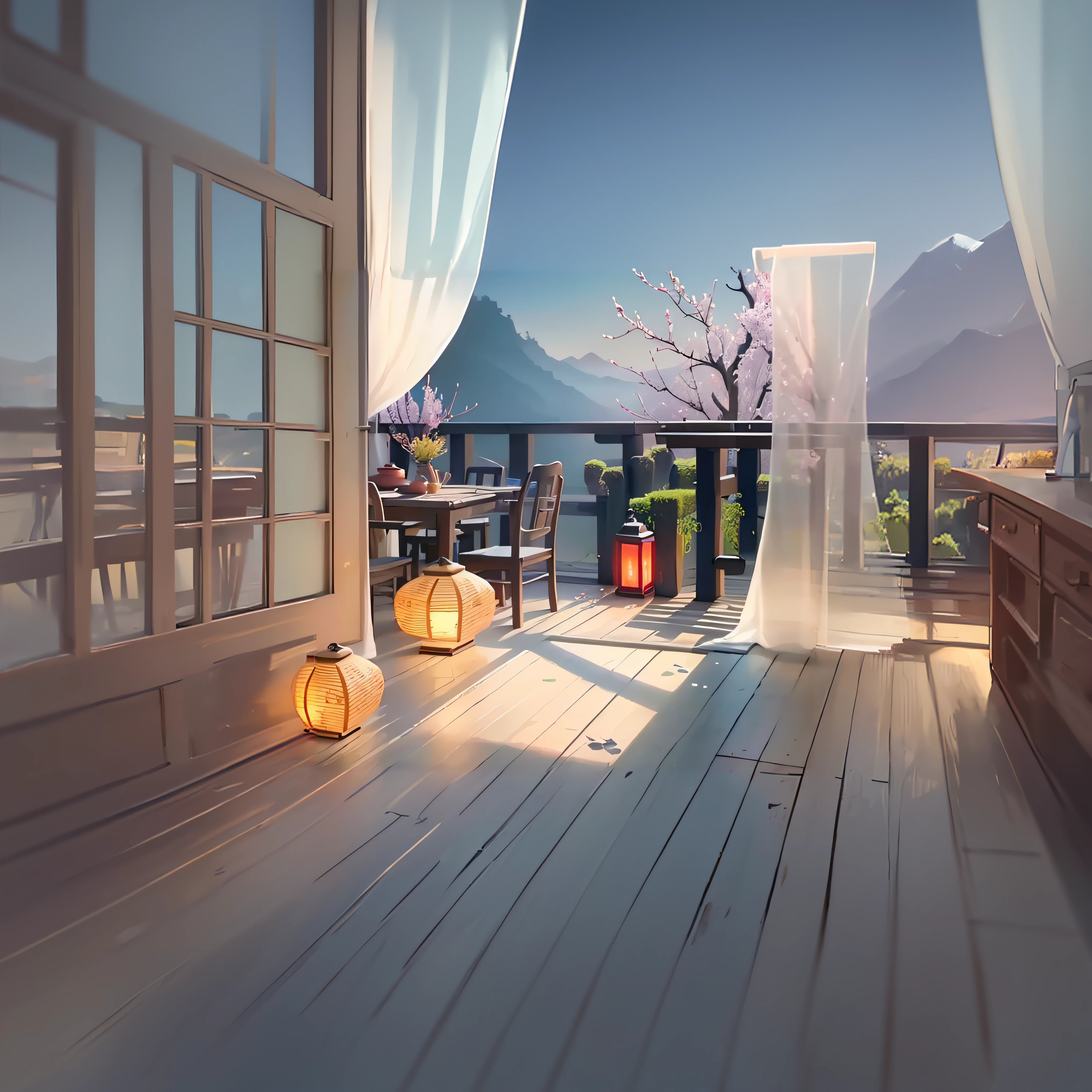 There is a table and chairs on the deck,Features mountain views, beautiful anime scenes, Anime background art, anime beautiful peace scene, beautiful anime scenery, anime backgrounds, quiet and serene atmosphere, Landscape wallpaper aesthetics, Anime landscapes, Relaxing concept art, Relaxing environment, warm beautiful scene, Japanese art style, landscape artwork, relaxing atmosphere, beautiful detailed scene