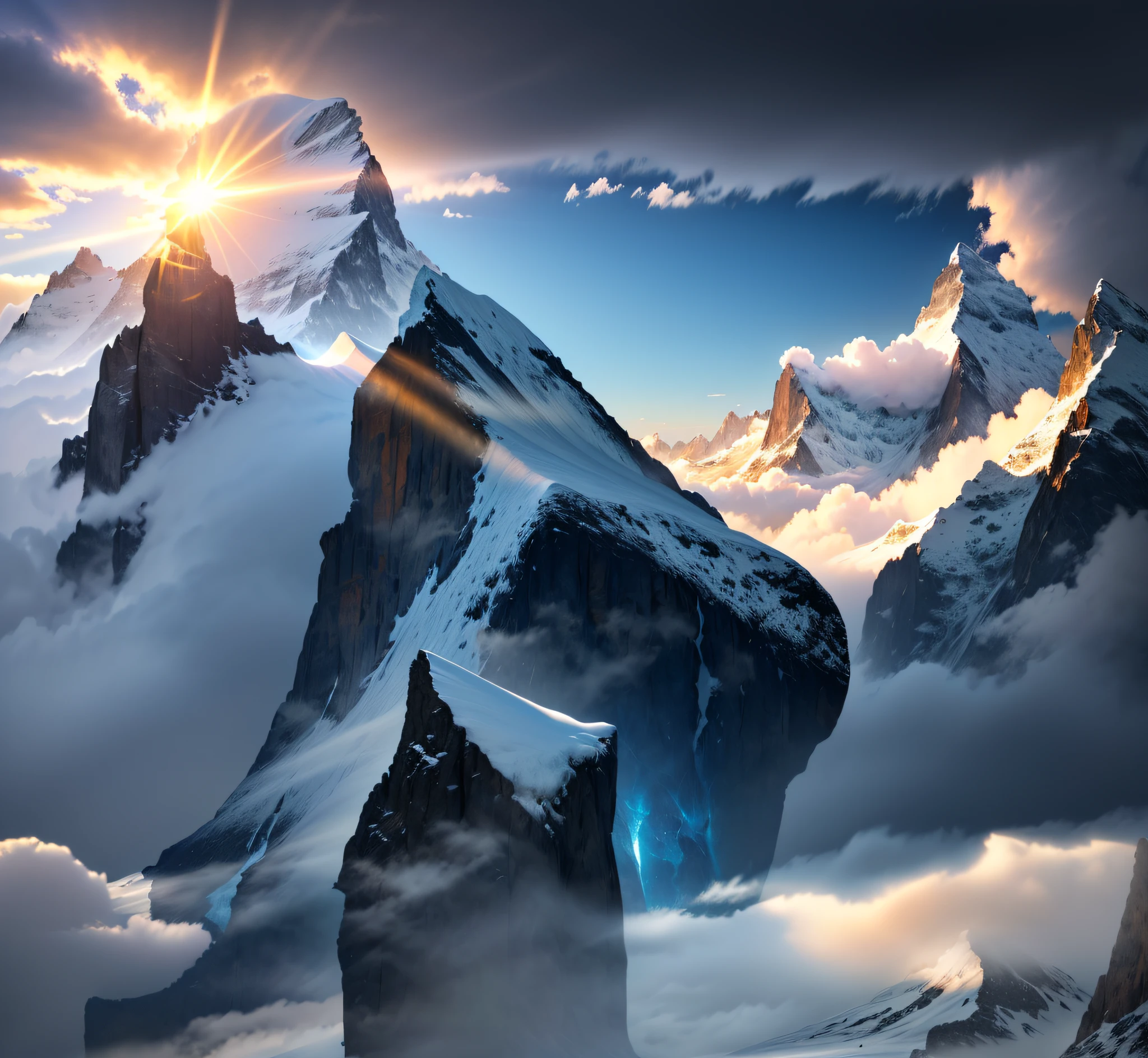 mountain peaks，Clouds，Skysky，rays of sunshine